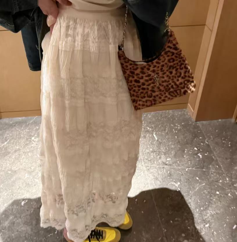 Lace Midi Skirt Pleated Slimming Fashion Skirt