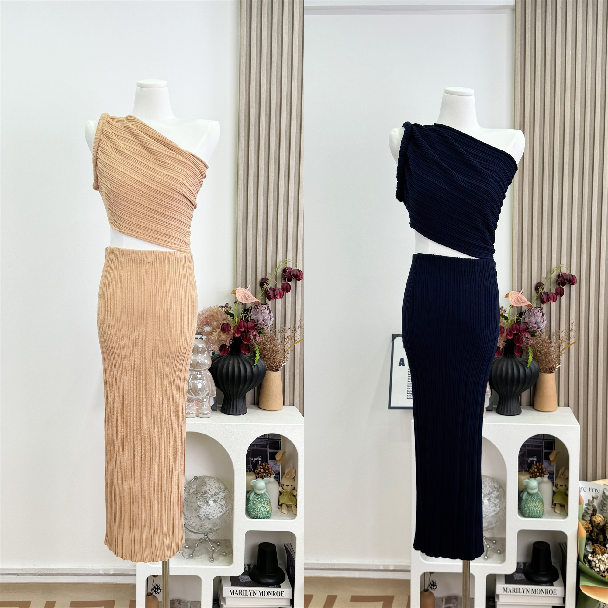 Women's Asymmetric One-Shoulder Knit Top and Skirt Set with Vertical Texture - Image 5