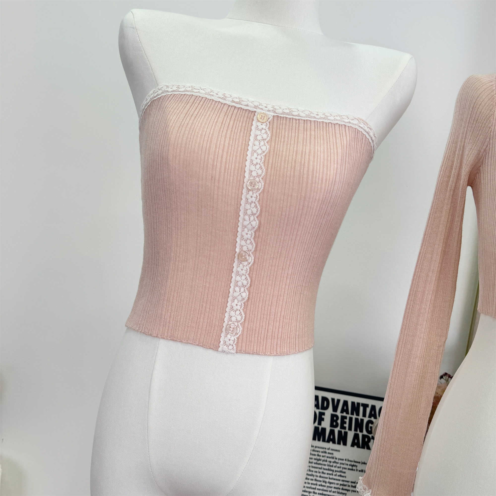 Cher Sweet Peach Pink Knit Bandeau and Short Cardigan Two-Piece Set for Women Summer - Image 2