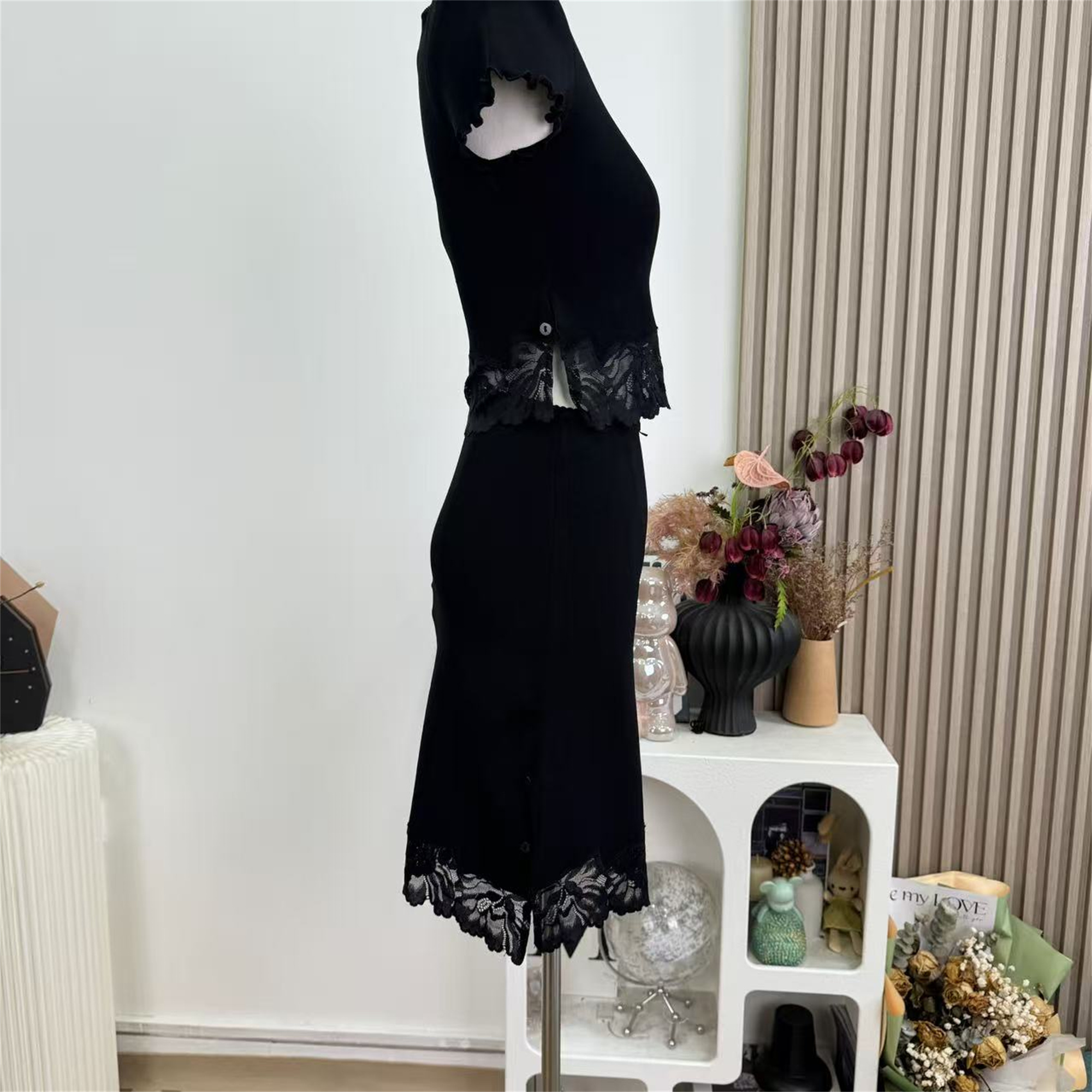 Women's Slimming Two-Piece Knit Skirt Set with Lace-Trim Top - Image 4