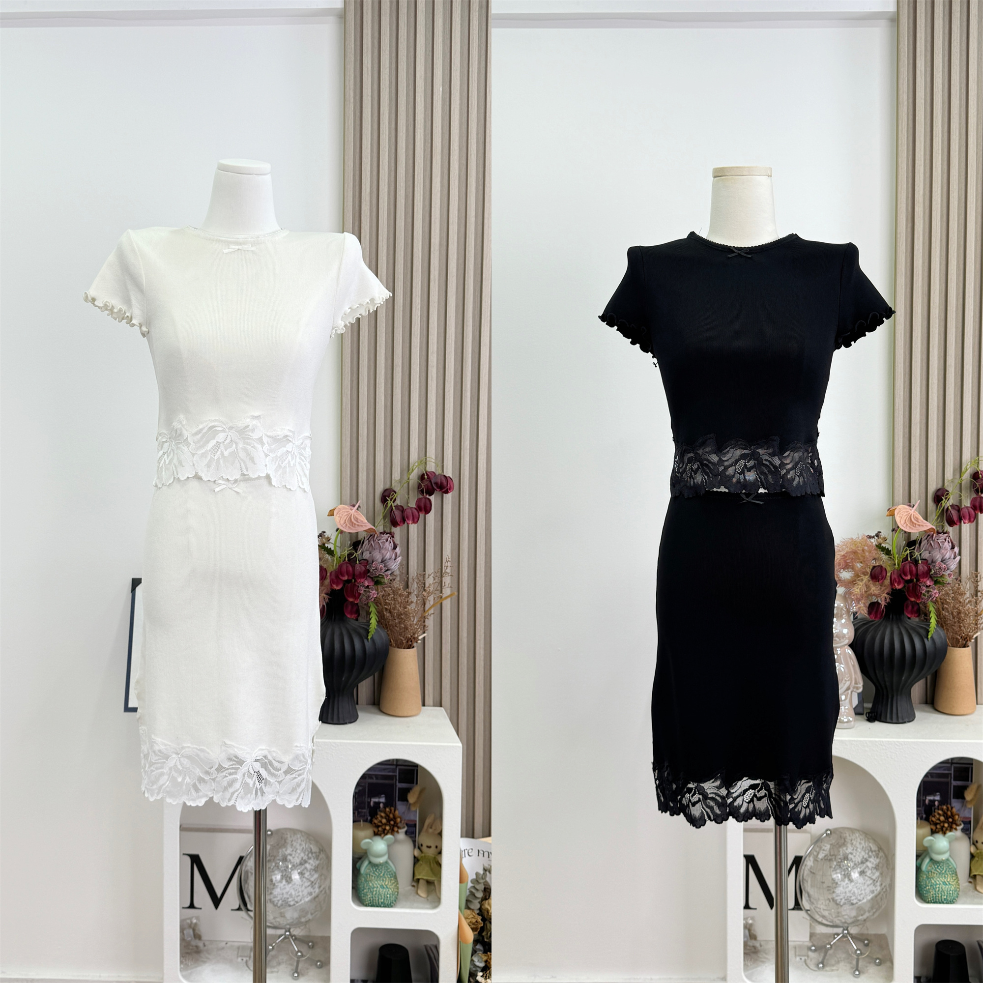 Women's Slimming Two-Piece Knit Skirt Set with Lace-Trim Top - Image 5