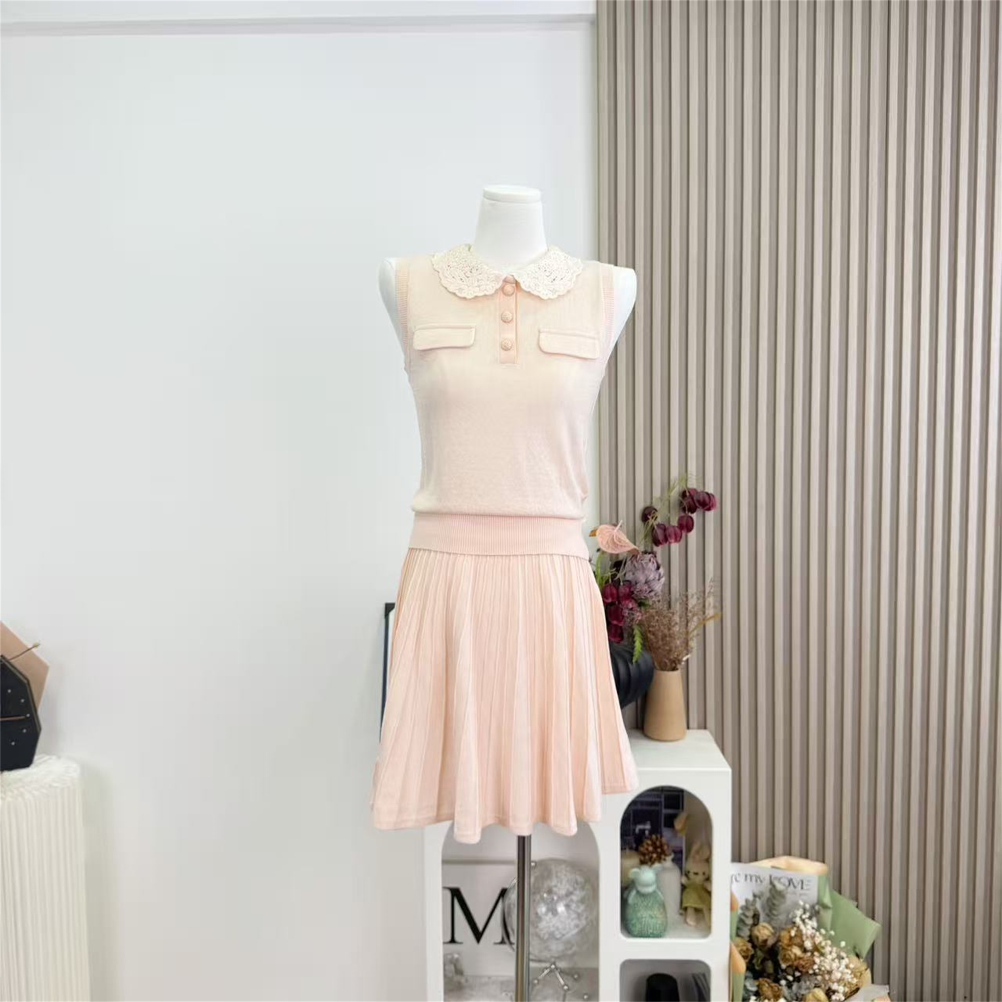 Women's Knit Sweater Set with Doll Collar Sleeveless Vest and Pleated Mini Skirt - Image 2