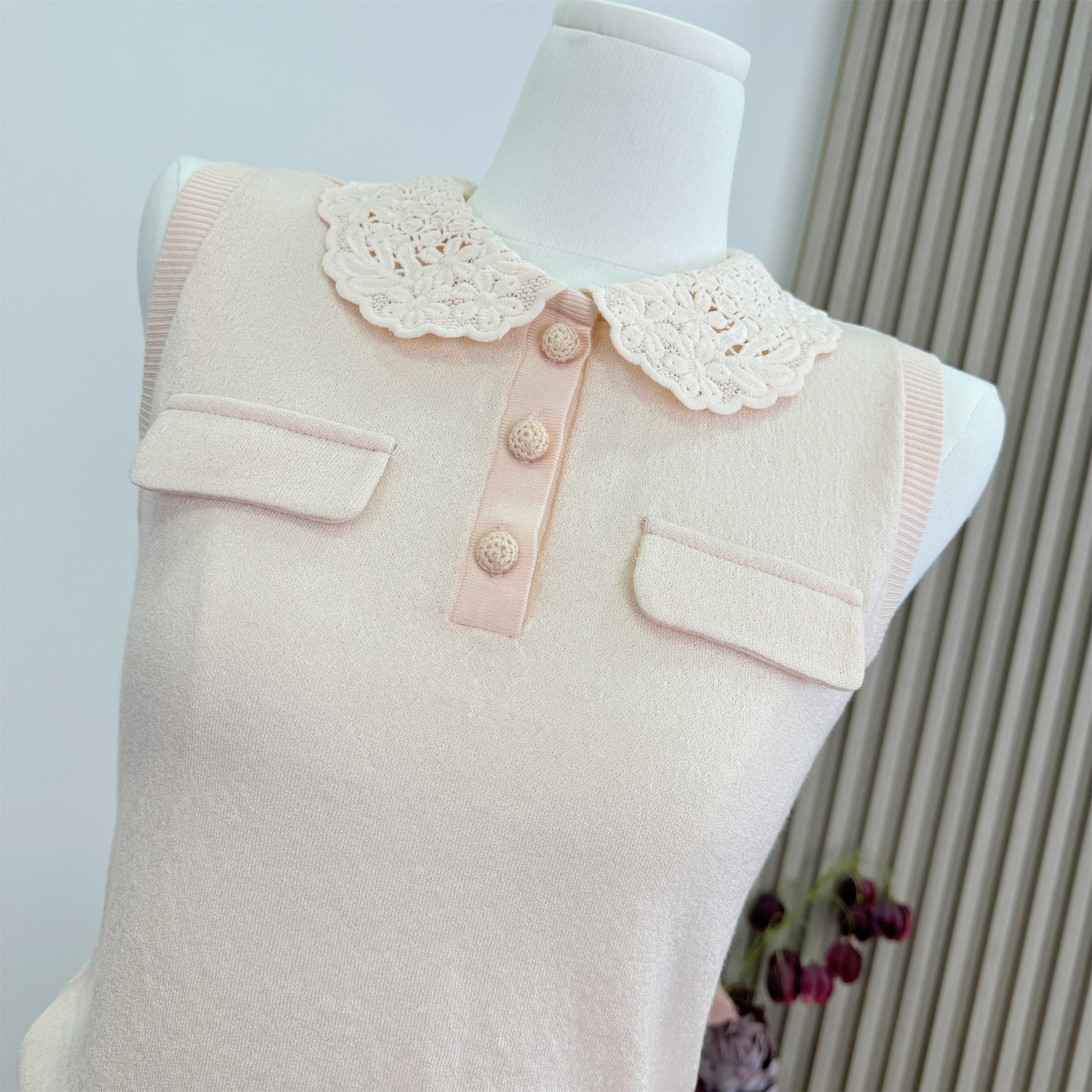Women's Knit Sweater Set with Doll Collar Sleeveless Vest and Pleated Mini Skirt - Image 3