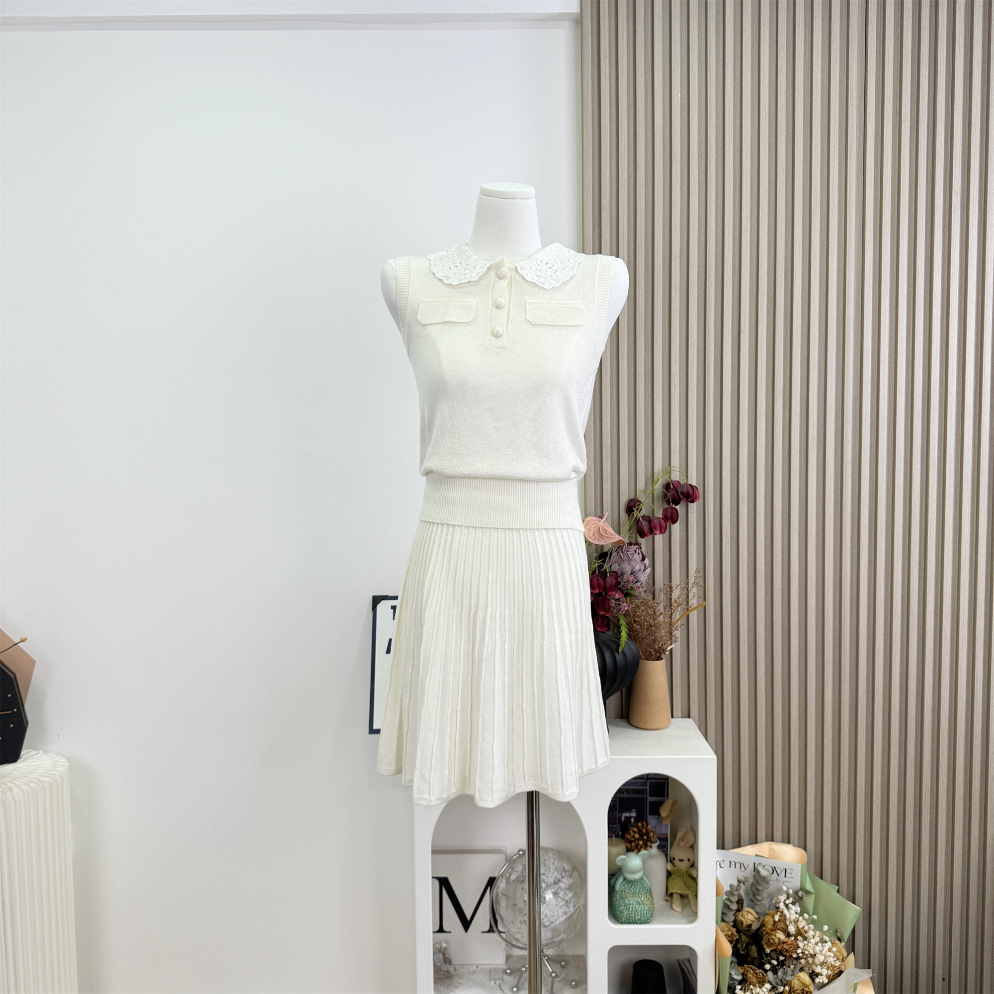 Women's Knit Sweater Set with Doll Collar Sleeveless Vest and Pleated Mini Skirt - Image 4