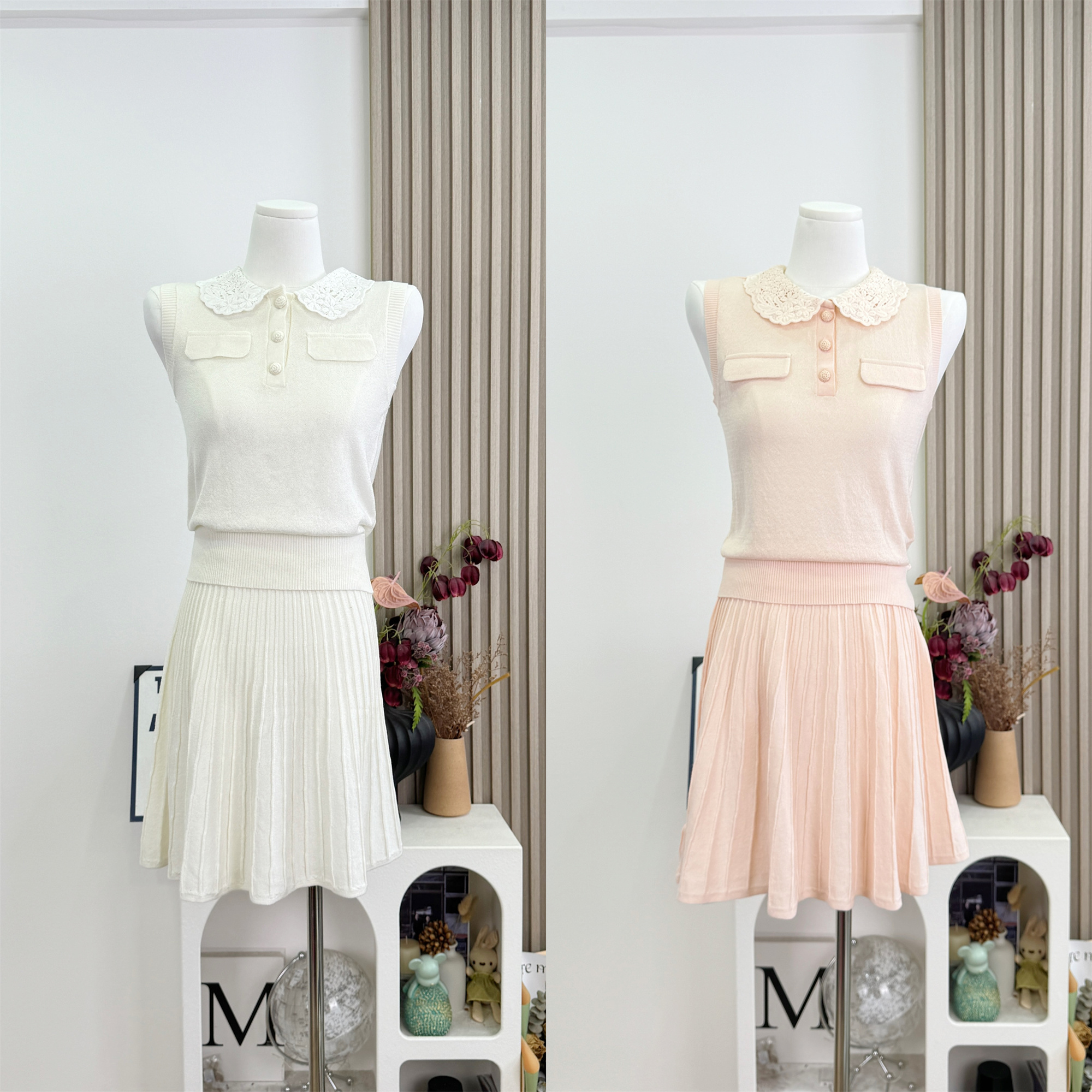 Women's Knit Sweater Set with Doll Collar Sleeveless Vest and Pleated Mini Skirt - Image 5
