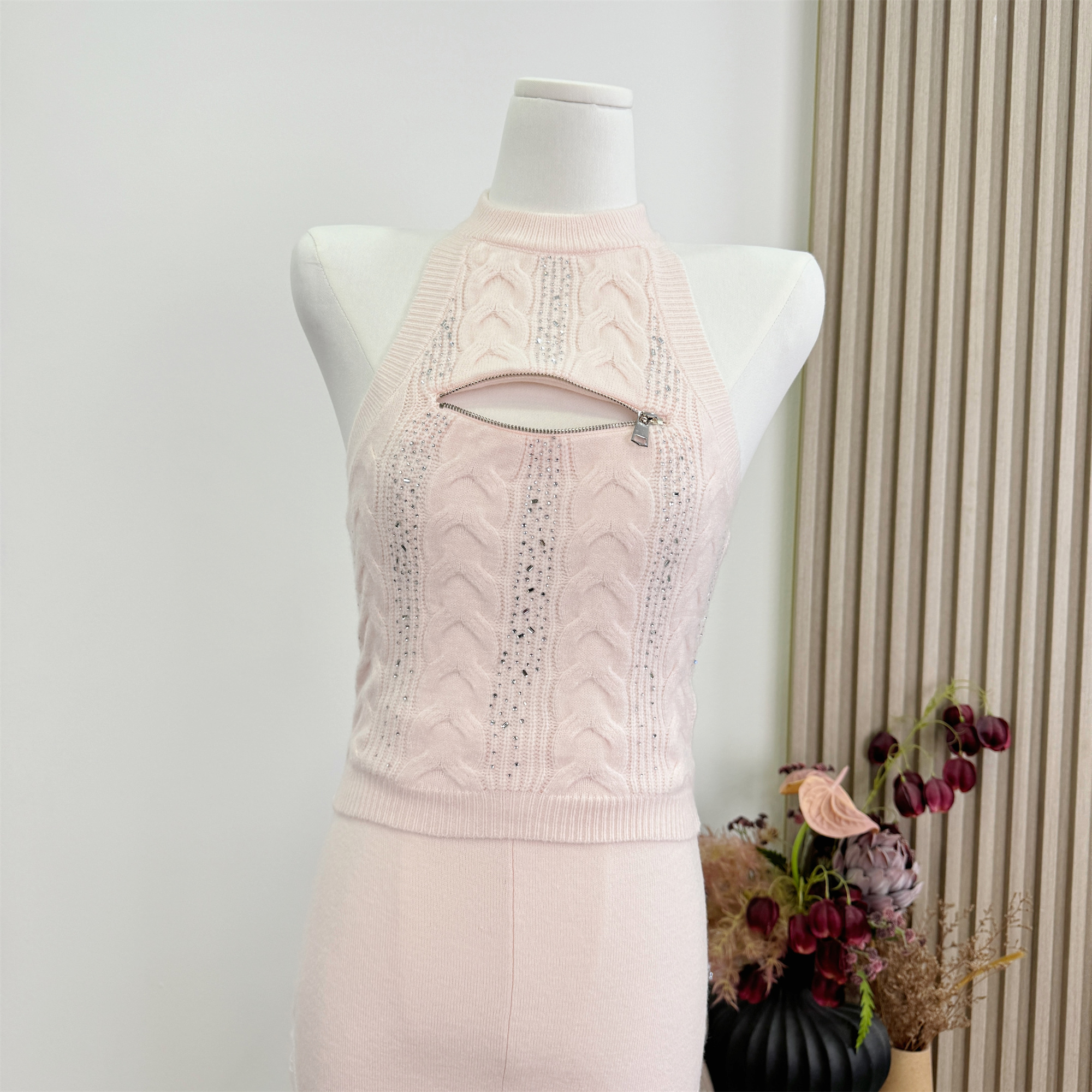 Qiauuu Pink Rhinestone Cutout Halter Knit Top Set for Women - Image 2