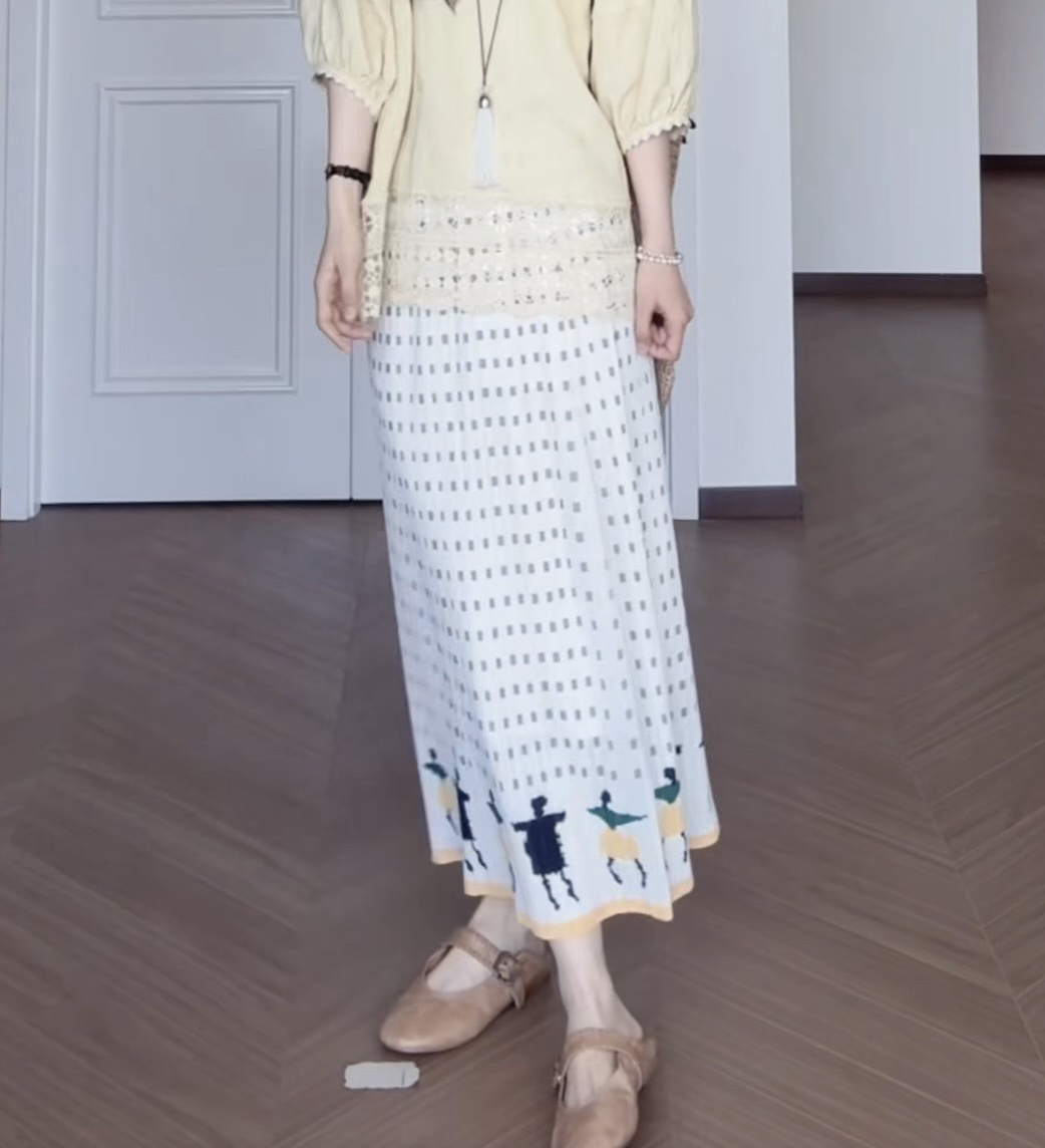 Women's Color Block Straight Midi Skirt 2026 Summer Pleated High Waist Cotton