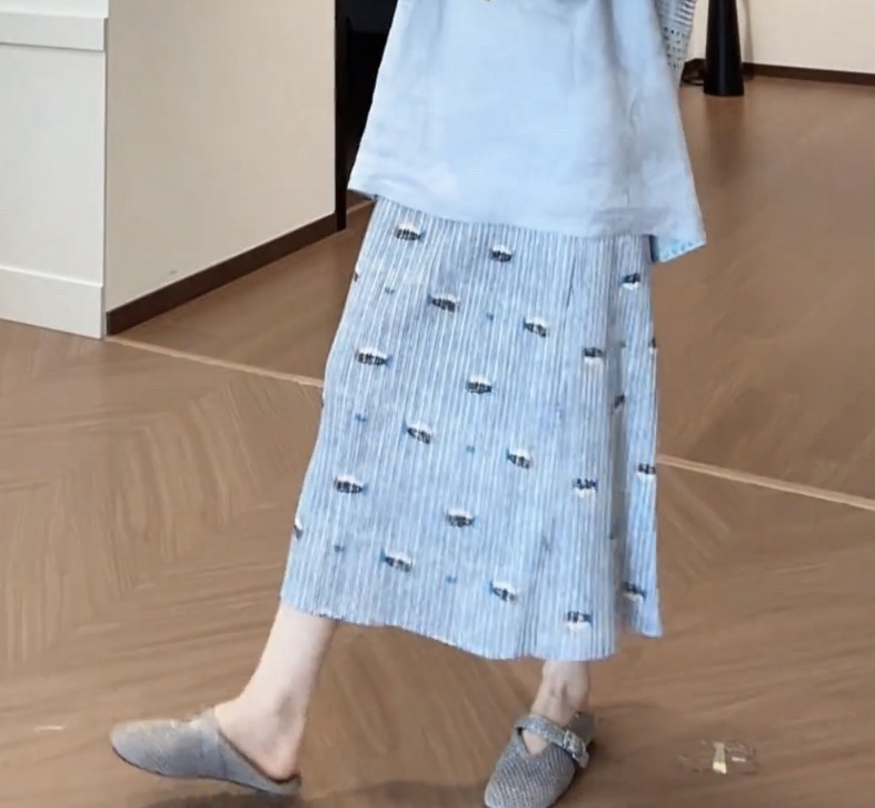 Women's Color Block Straight Midi Skirt 2026 Summer Pleated High Waist Cotton - Image 2