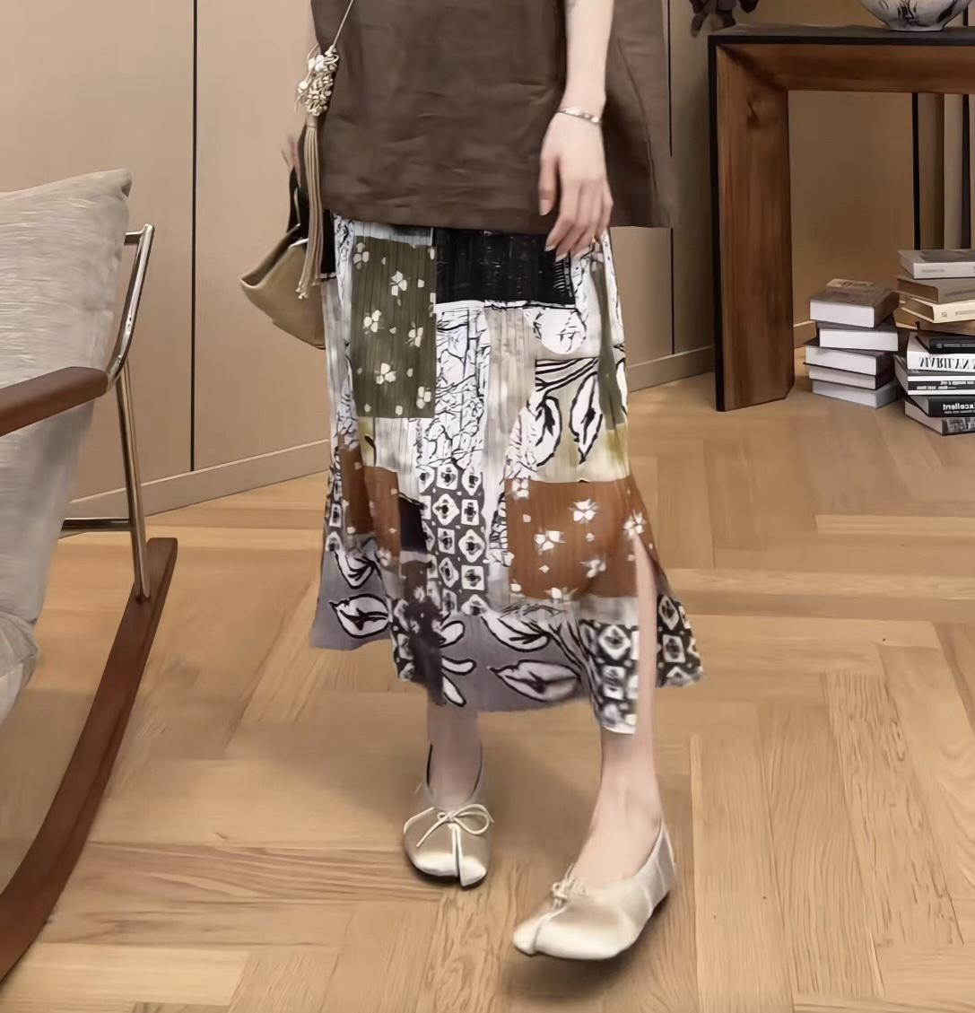 Women's Color Block Straight Midi Skirt 2026 Summer Pleated High Waist Cotton - Image 4