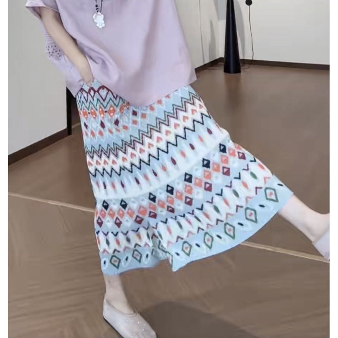 Women's Color Block Straight Midi Skirt 2026 Summer Pleated High Waist Cotton - Image 5