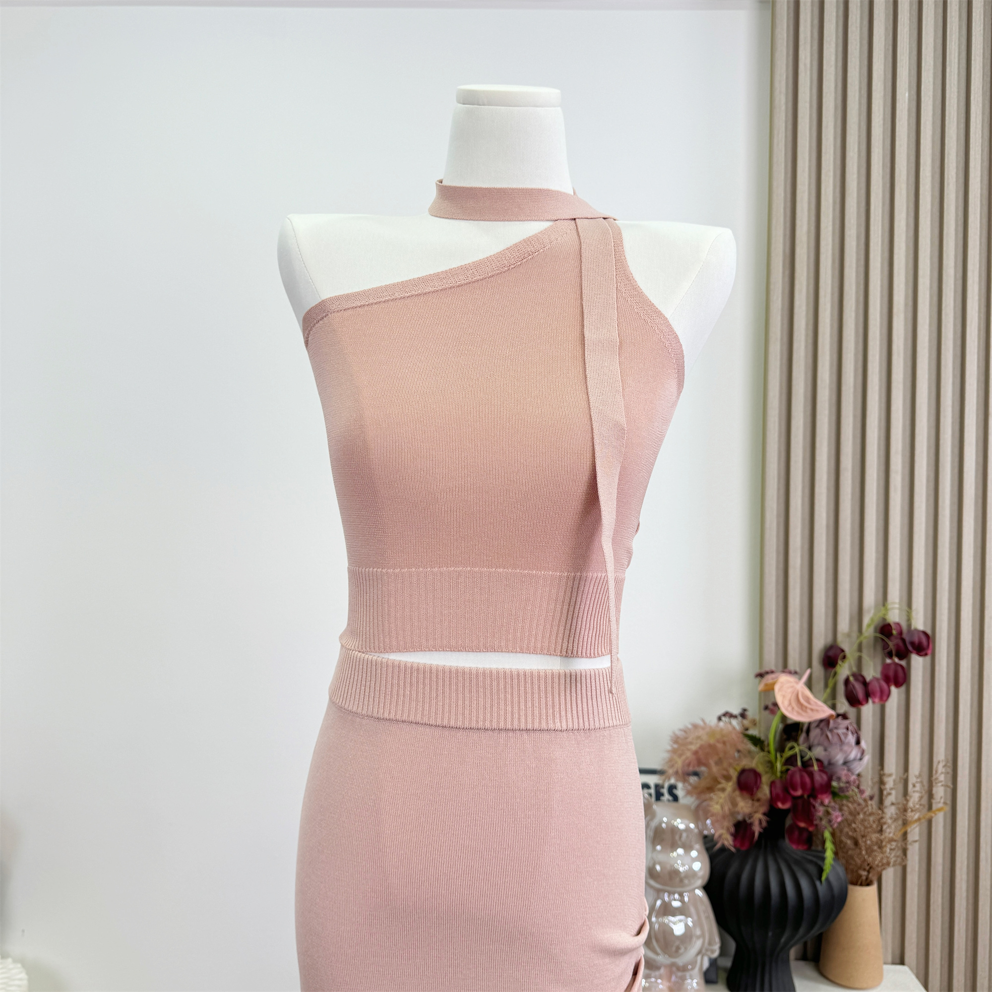 Women Summer Knit Two-Piece Set Slim Off-Shoulder Top and Skirt - Image 2