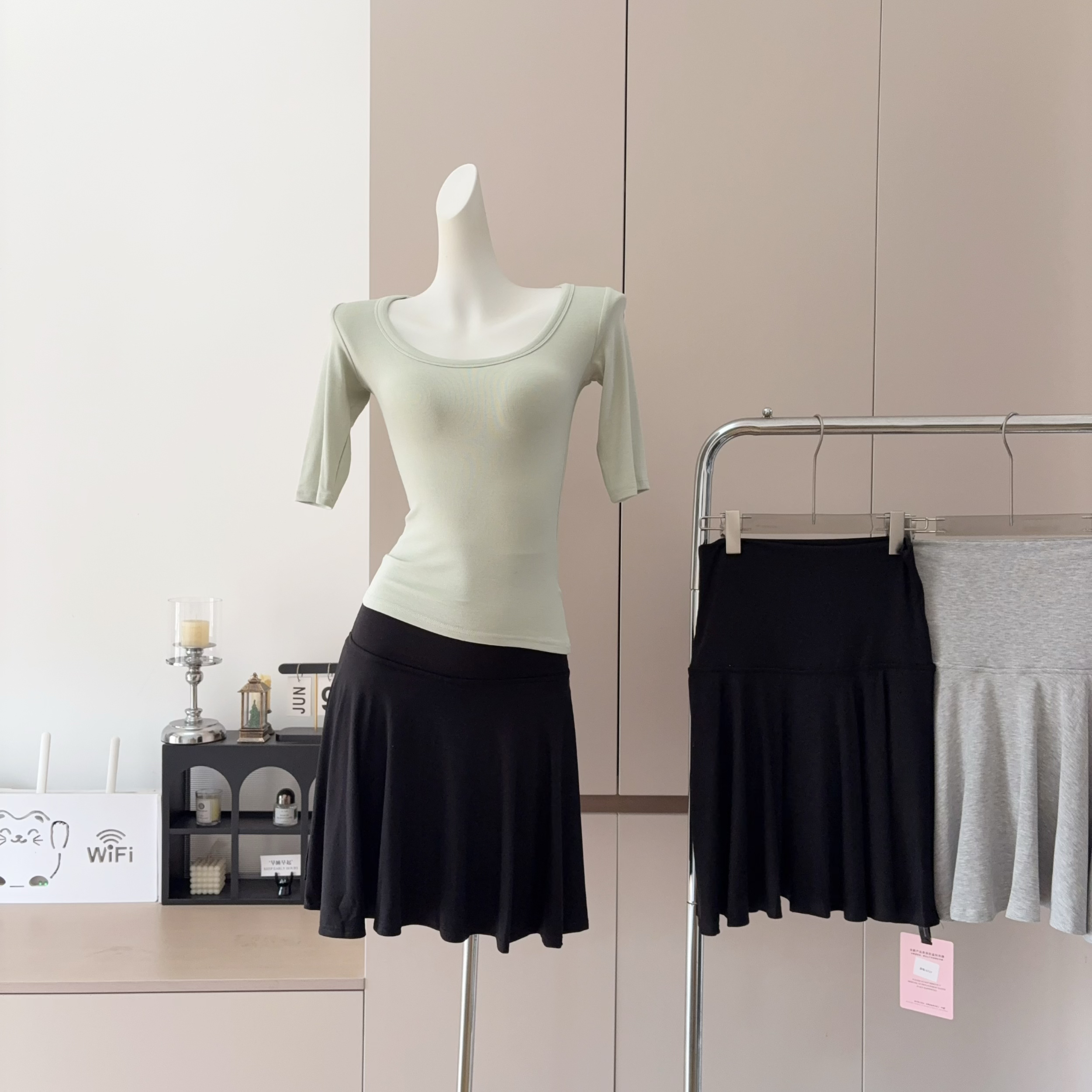 Lazy Fold-Over Soft Knit A-Line Skirt Summer Gray Casual High Waist Pleated Skirt Top Set