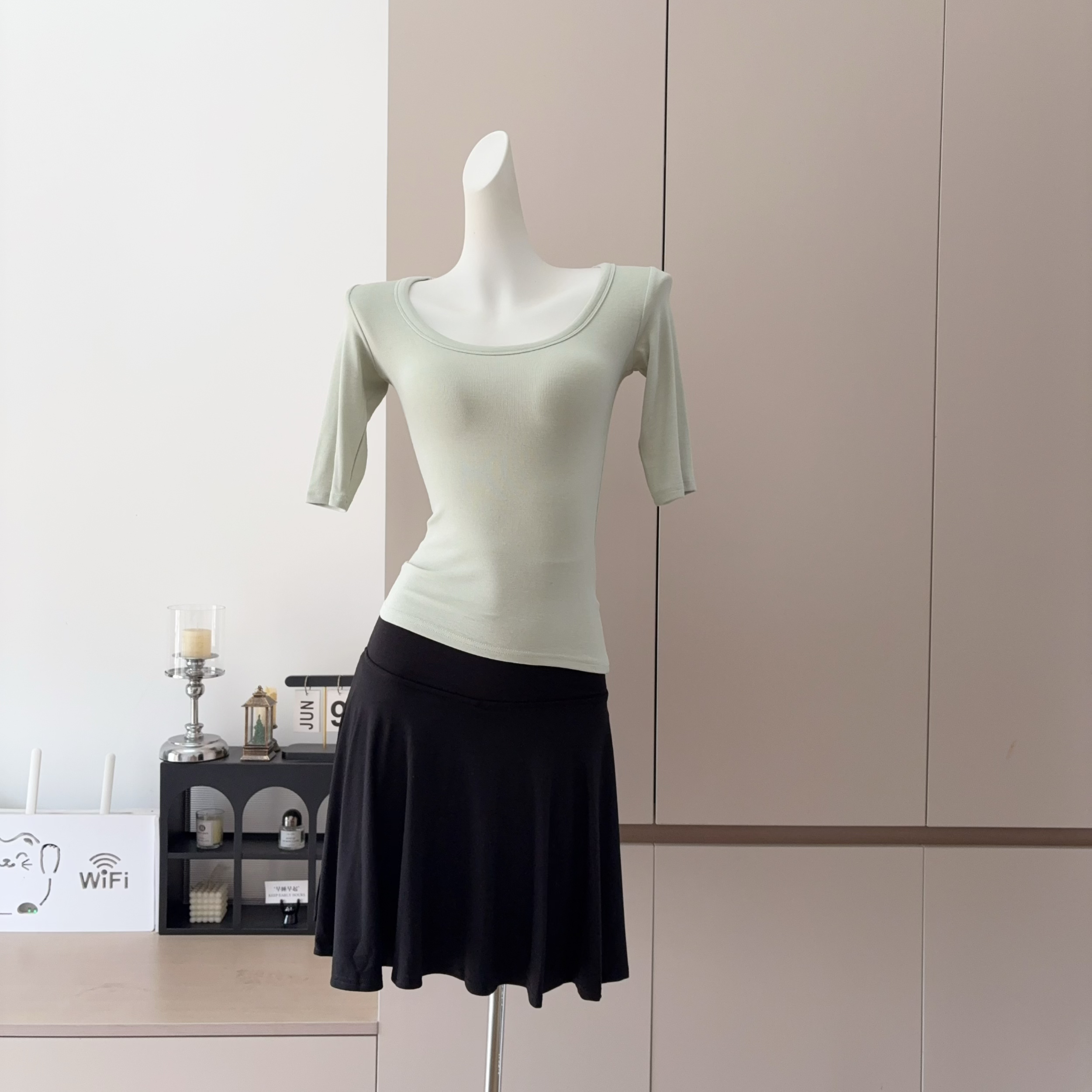 Lazy Fold-Over Soft Knit A-Line Skirt Summer Gray Casual High Waist Pleated Skirt Top Set - Image 2