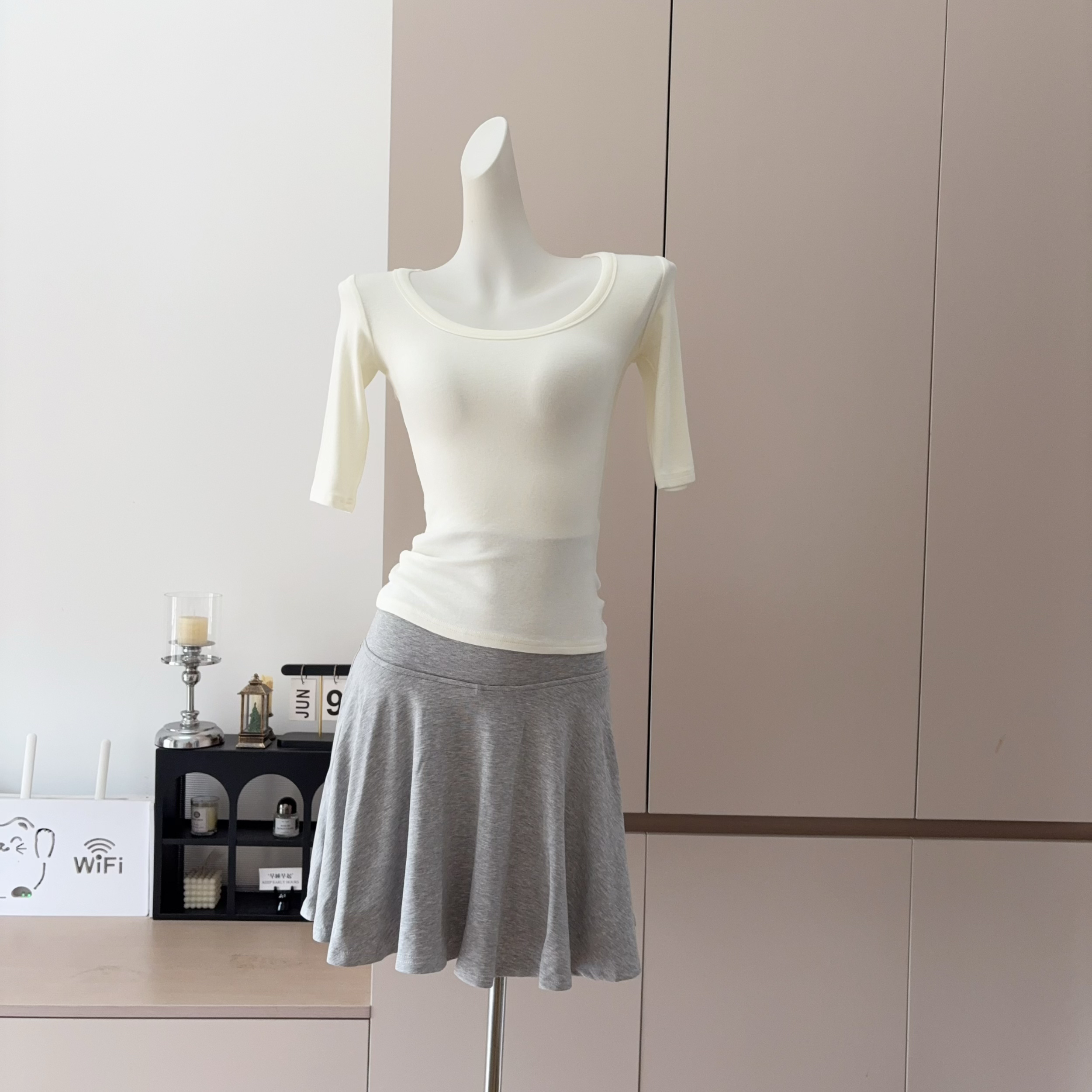 Lazy Fold-Over Soft Knit A-Line Skirt Summer Gray Casual High Waist Pleated Skirt Top Set - Image 3