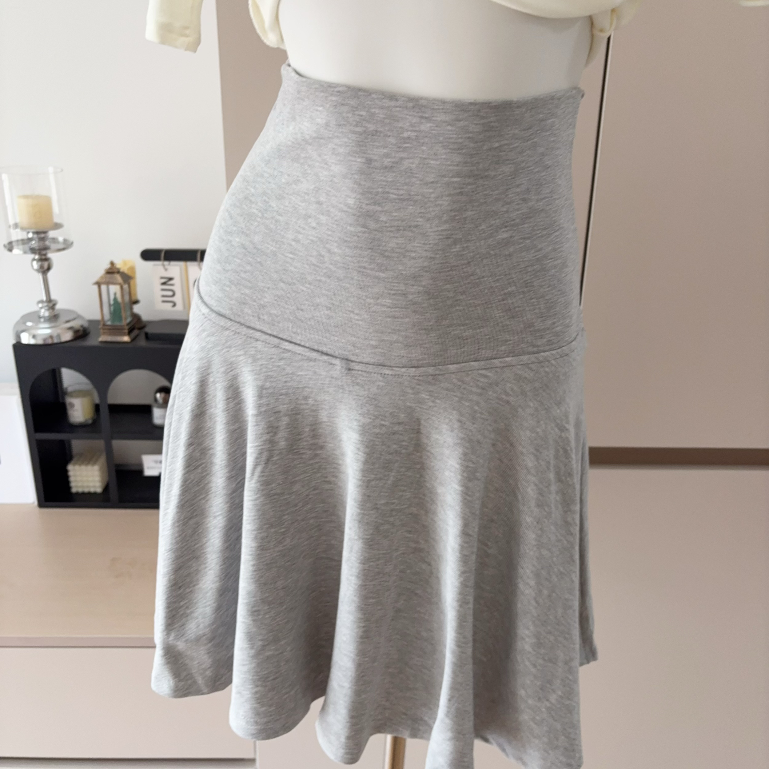 Lazy Fold-Over Soft Knit A-Line Skirt Summer Gray Casual High Waist Pleated Skirt Top Set - Image 4