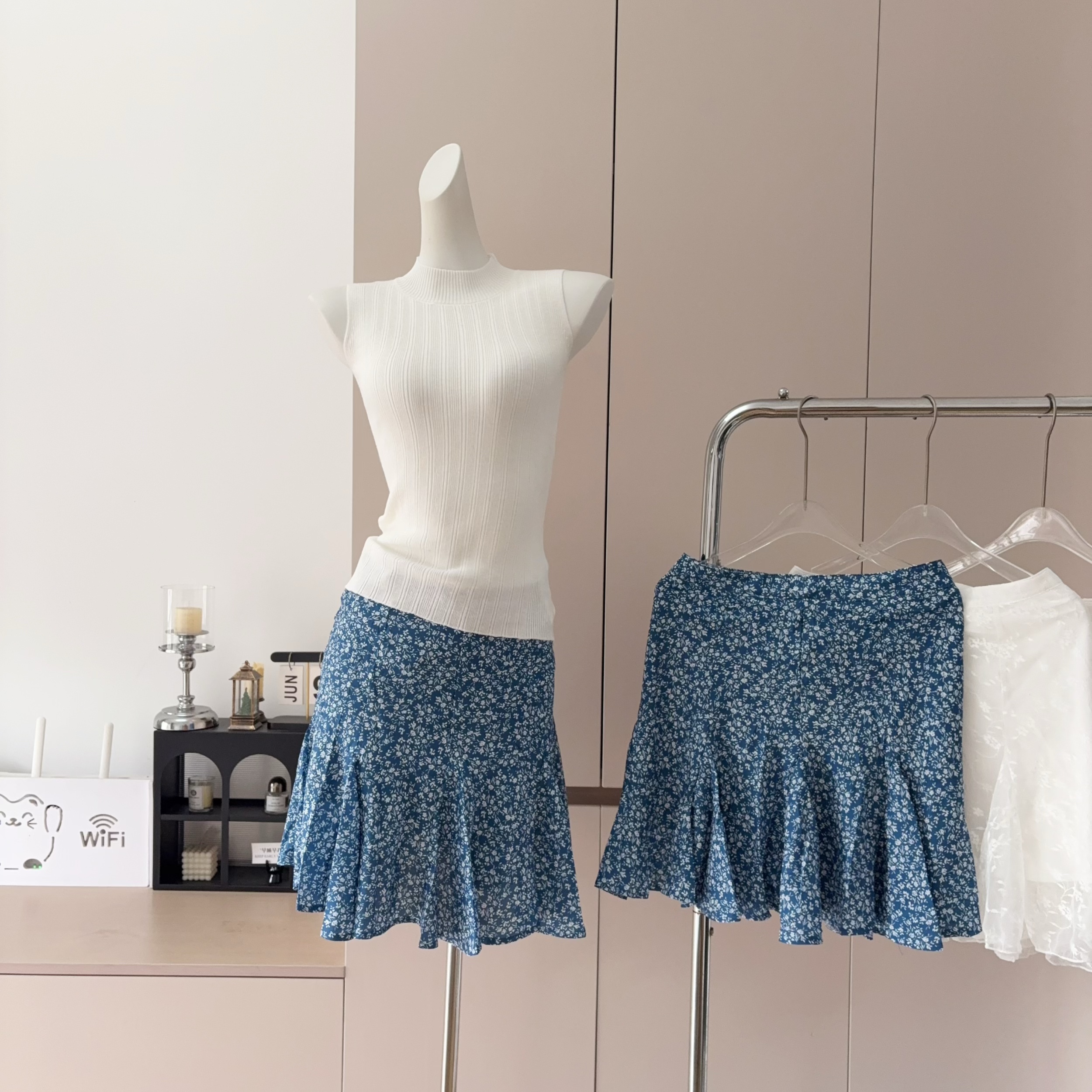Korean Floral Pleated High Waist A-Line Mini Skirt Set for Women Summer