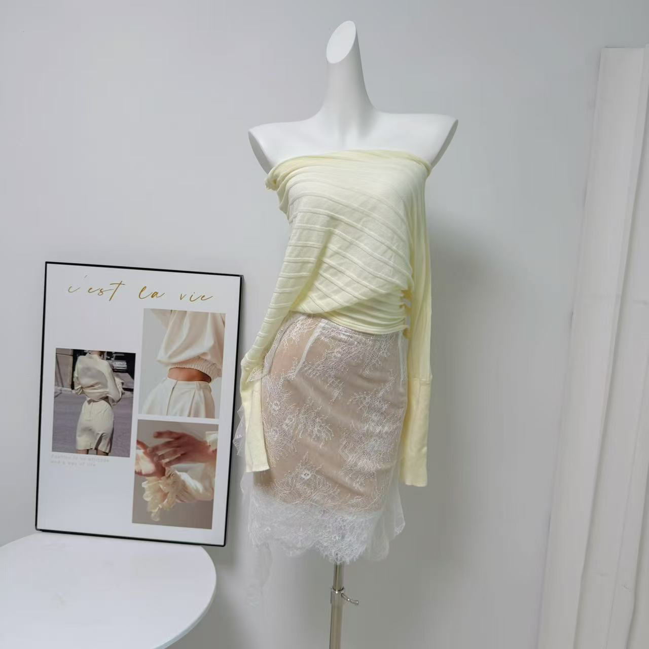 Women's Long Sleeve Knit Top and Lace Panel Skirt Set for Early Autumn - Image 2