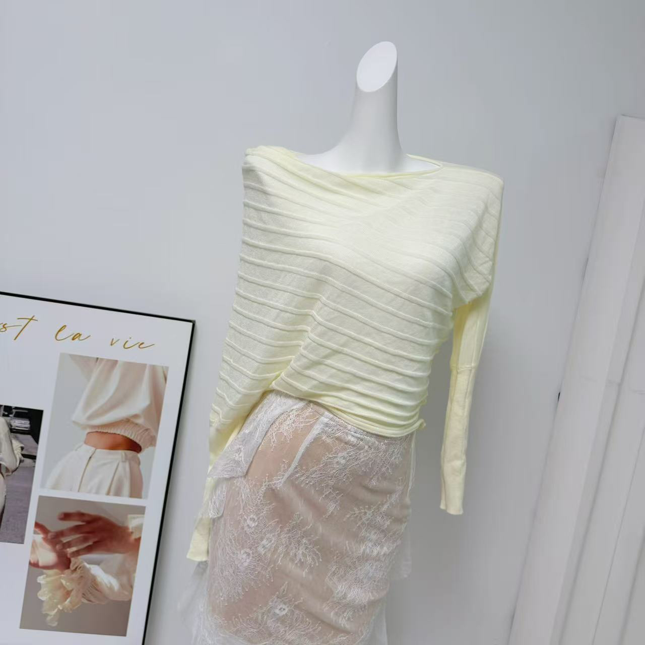 Women's Long Sleeve Knit Top and Lace Panel Skirt Set for Early Autumn - Image 3