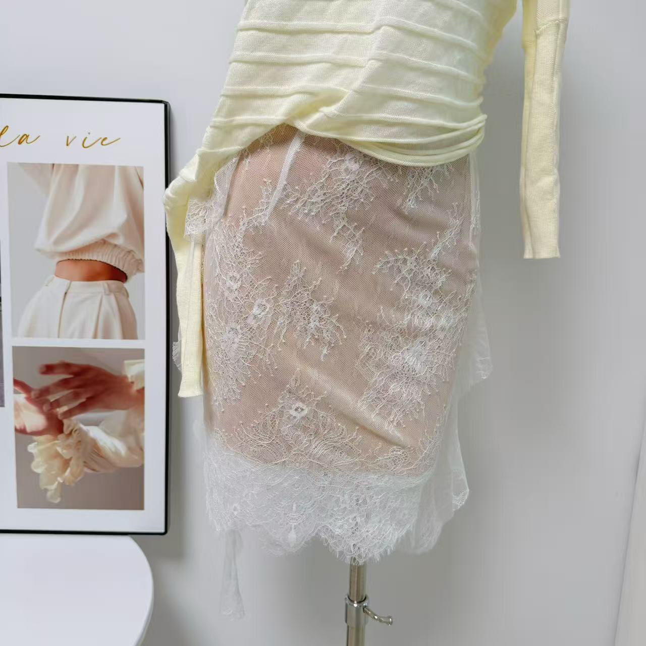 Women's Long Sleeve Knit Top and Lace Panel Skirt Set for Early Autumn - Image 4