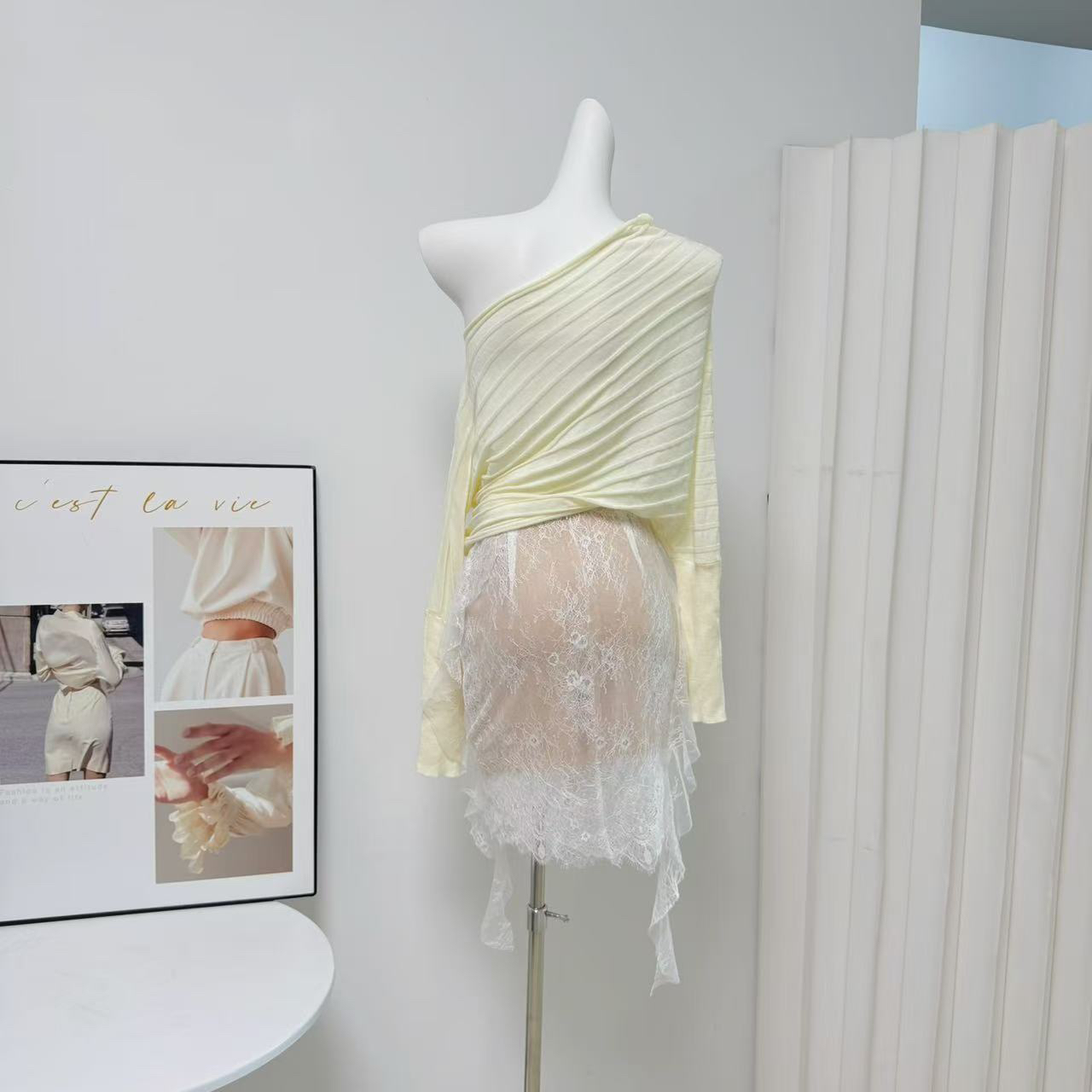 Women's Long Sleeve Knit Top and Lace Panel Skirt Set for Early Autumn - Image 5
