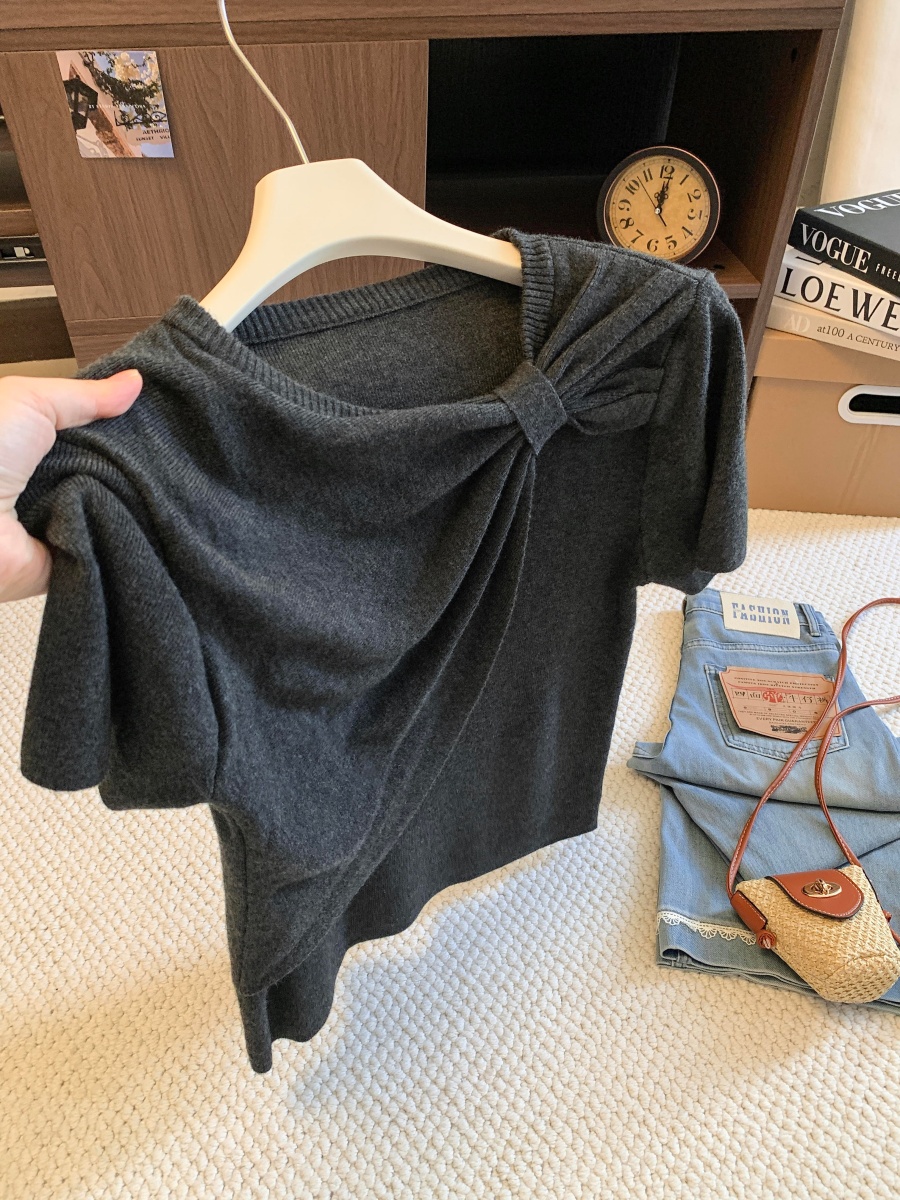 Women's Asymmetric Neck Knot Short Sleeve T-Shirt 2026 Early Autumn Pleated Irregular Waist Cinched Top - Image 2