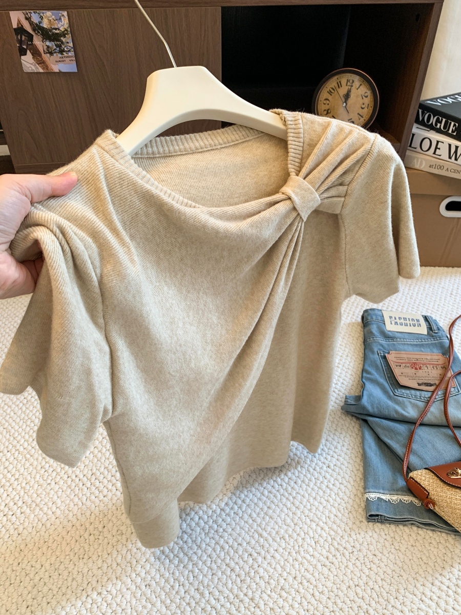 Women's Asymmetric Neck Knot Short Sleeve T-Shirt 2026 Early Autumn Pleated Irregular Waist Cinched Top - Image 3