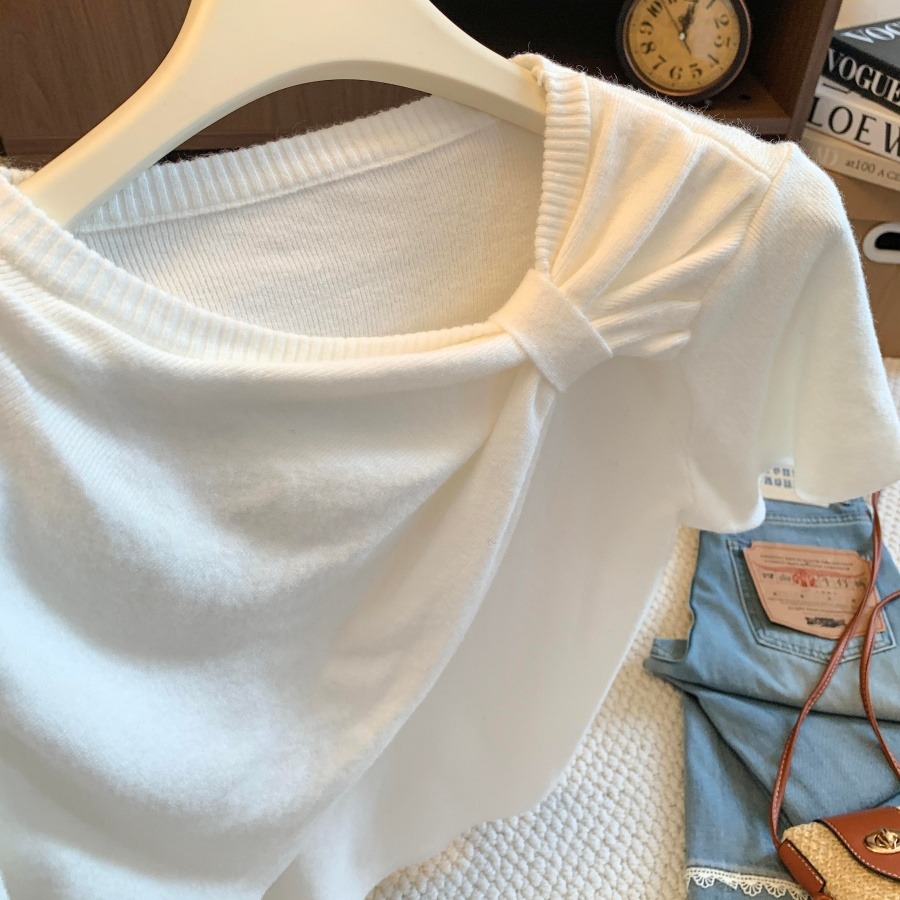 Women's Asymmetric Neck Knot Short Sleeve T-Shirt 2026 Early Autumn Pleated Irregular Waist Cinched Top - Image 5