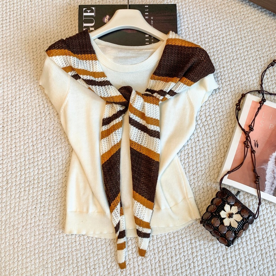2026 Early Autumn Retro Striped Cape Short Sleeve Knit Top Women Korean Two Piece Set - Image 5