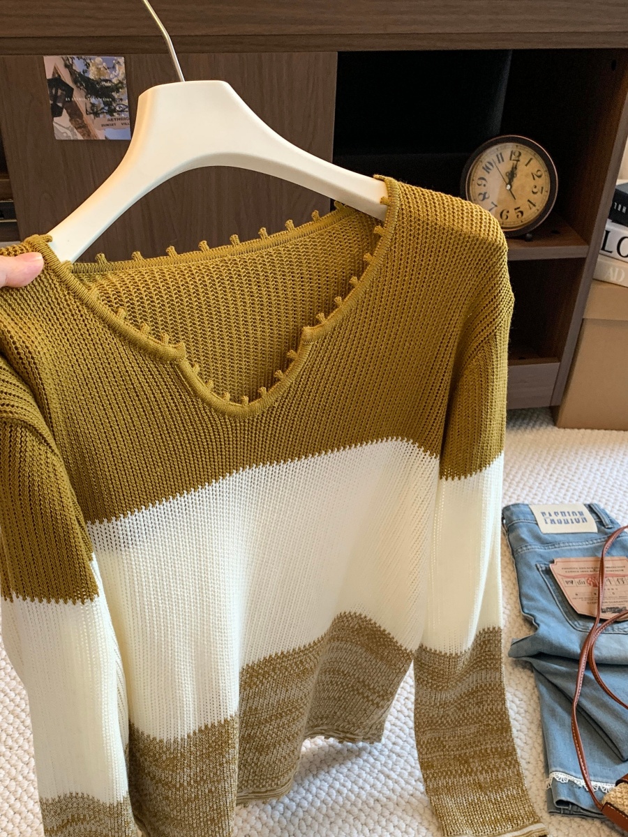 Women's V-Neck Color-Block Striped Knit Sweater 2026 Early Autumn Loose Long Sleeve Top - Image 3
