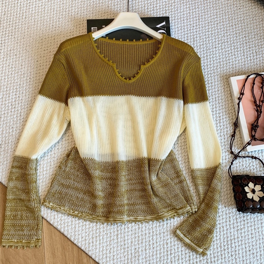 Women's V-Neck Color-Block Striped Knit Sweater 2026 Early Autumn Loose Long Sleeve Top - Image 5