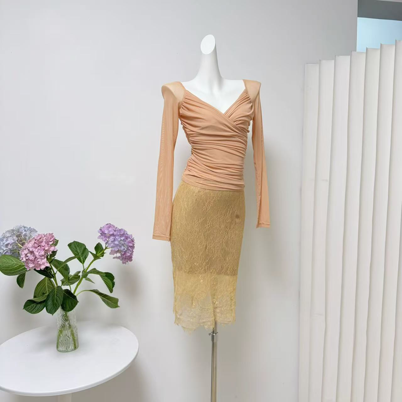 Women's Gold Lace Semi-Sheer Midi Bodycon Skirt - Image 2
