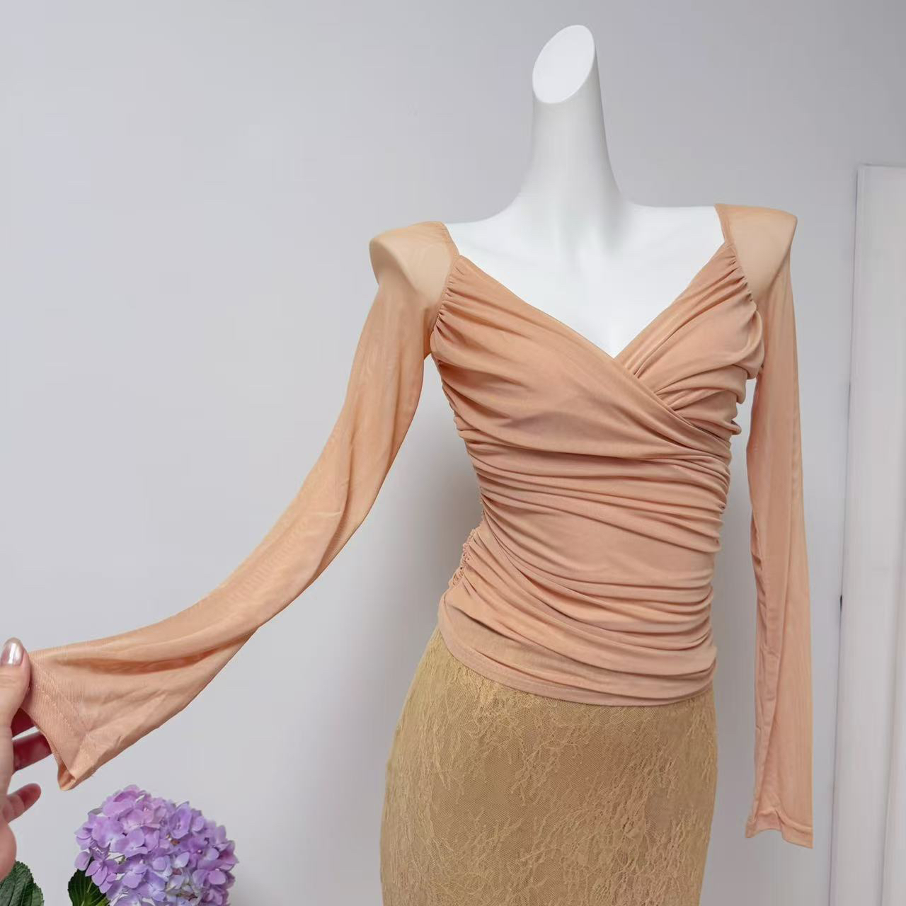 Women's Gold Lace Semi-Sheer Midi Bodycon Skirt - Image 3