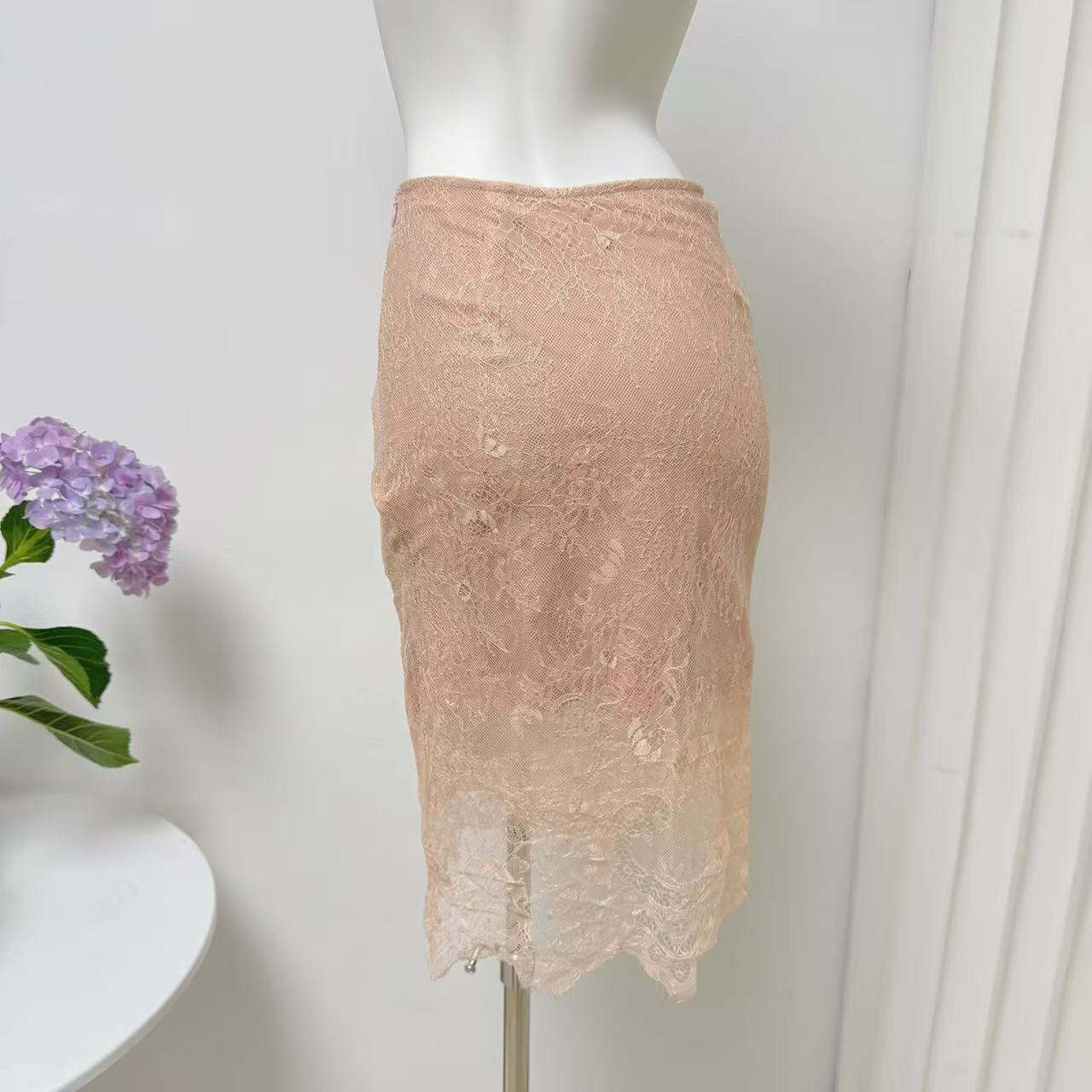 Women's Gold Lace Semi-Sheer Midi Bodycon Skirt - Image 4