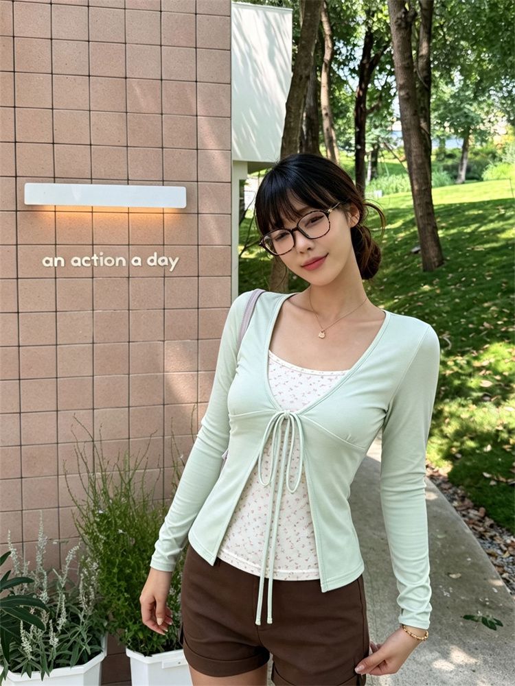 Sweet Faux-Layer Long-Sleeve T-Shirt for Women Twist Knot Slimming Top - Image 2