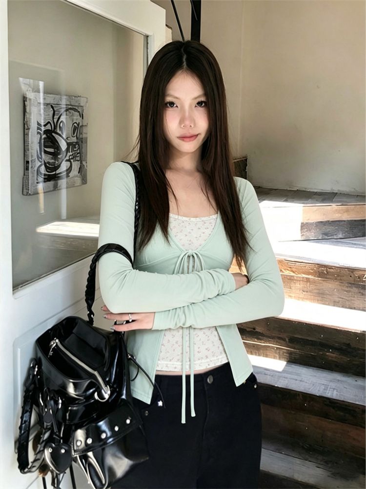 Korean Style Lace-Up Floral Long Sleeve T-Shirt Women's Fall Base Layer Slim Top New Season Minimalist - Image 3
