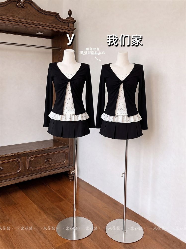 Korean Style Faux Two-Piece Long Sleeve T-Shirt for Women Twist Polka Dot Slimming Top - Image 2
