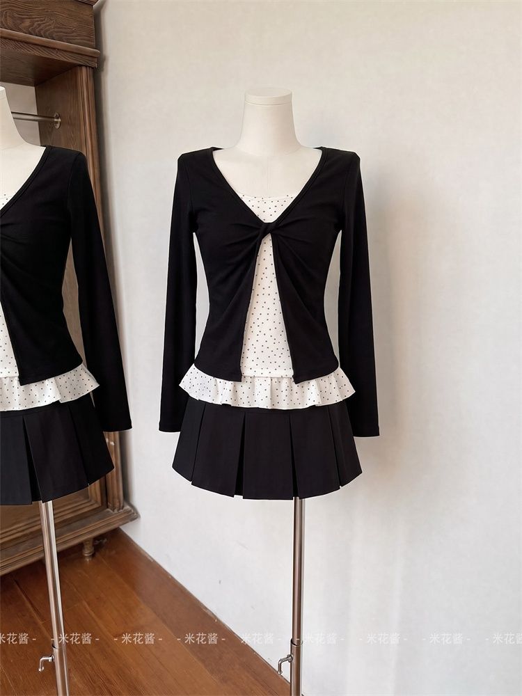 Korean Style Faux Two-Piece Long Sleeve T-Shirt for Women Twist Polka Dot Slimming Top - Image 4