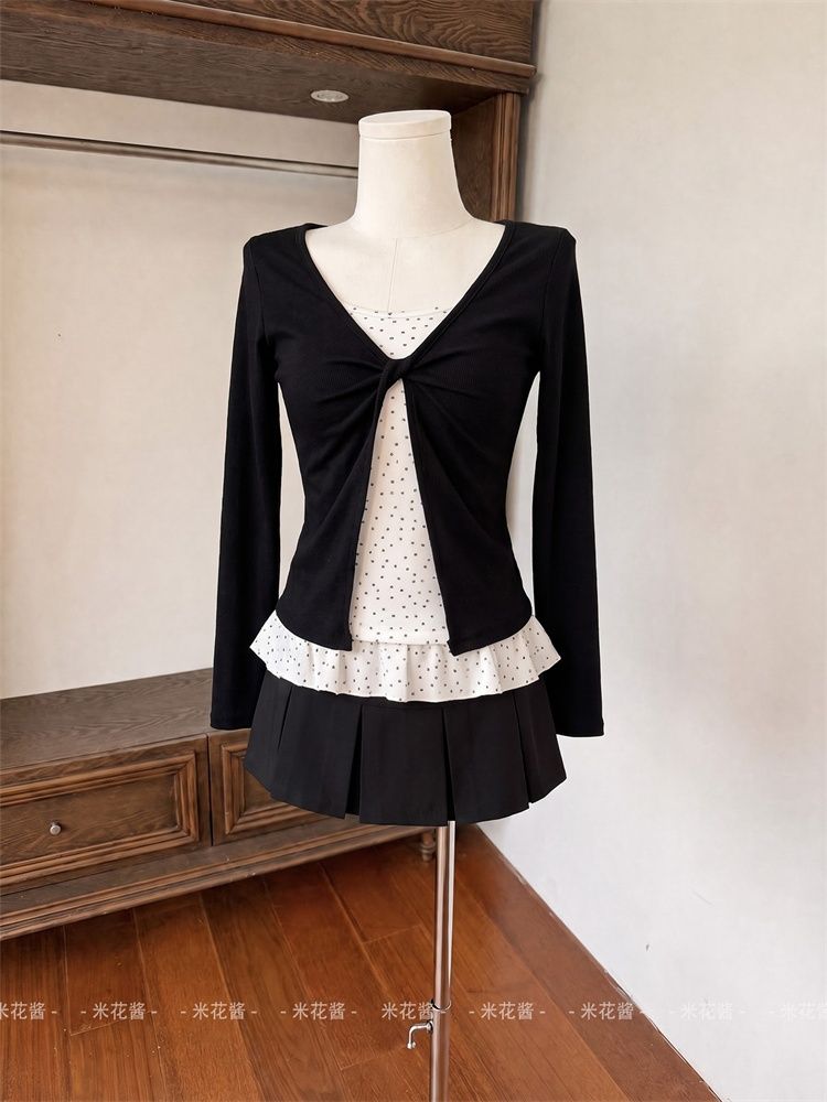 Korean Style Faux Two-Piece Long Sleeve T-Shirt for Women Twist Polka Dot Slimming Top - Image 3