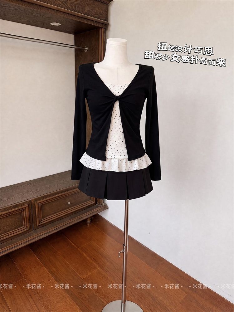 Korean Style Faux Two-Piece Long Sleeve T-Shirt for Women Twist Polka Dot Slimming Top