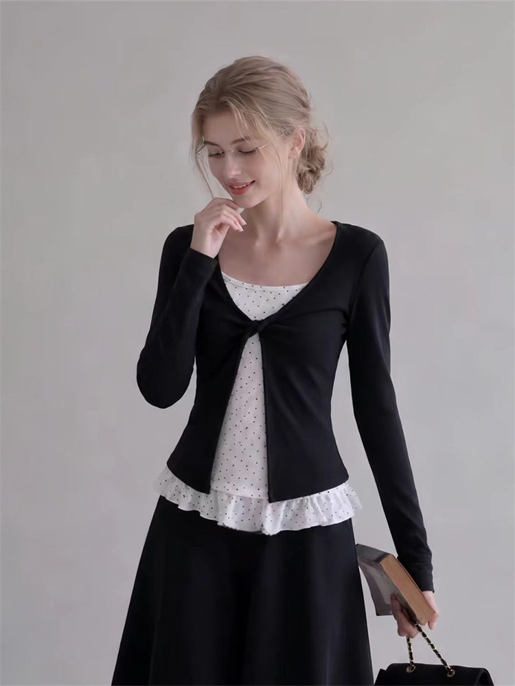 Korean Faux Two-Piece Long Sleeve T-Shirt for Women Twist Knot Polka Dot Base Layer Slim Fit Top 2026 Fall New - Image 3