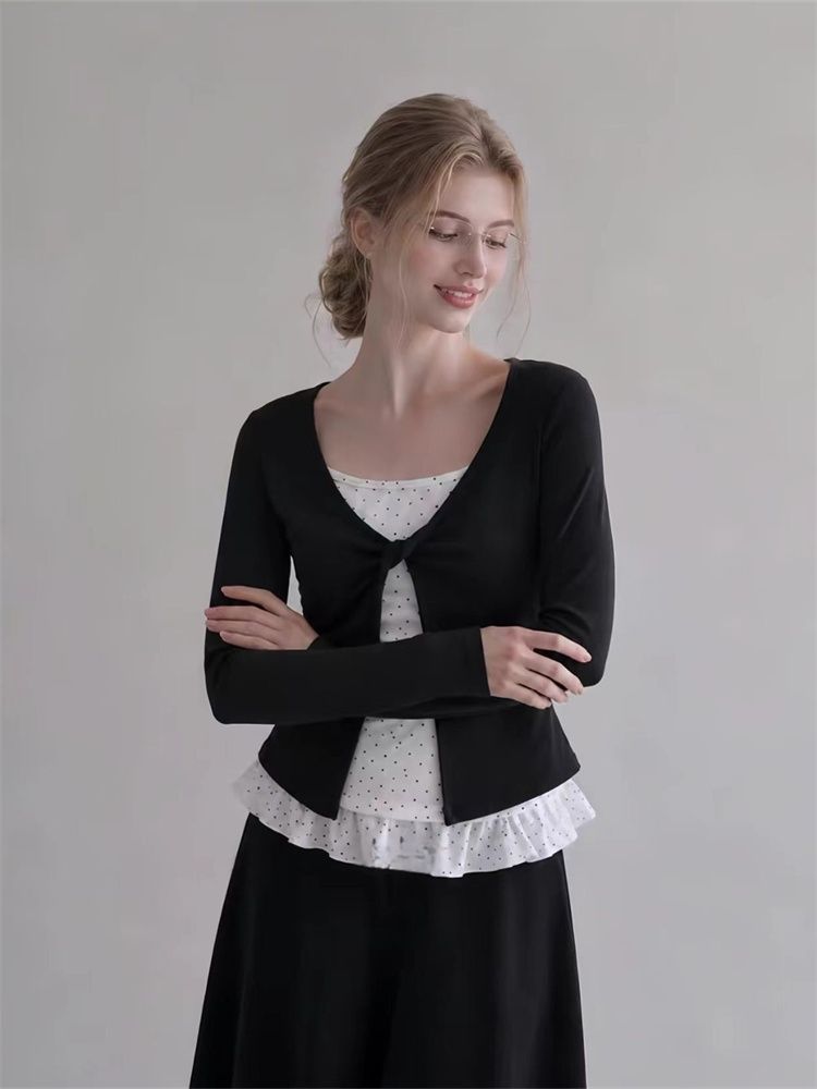 Korean Faux Two-Piece Long Sleeve T-Shirt for Women Twist Knot Polka Dot Base Layer Slim Fit Top 2026 Fall New - Image 2