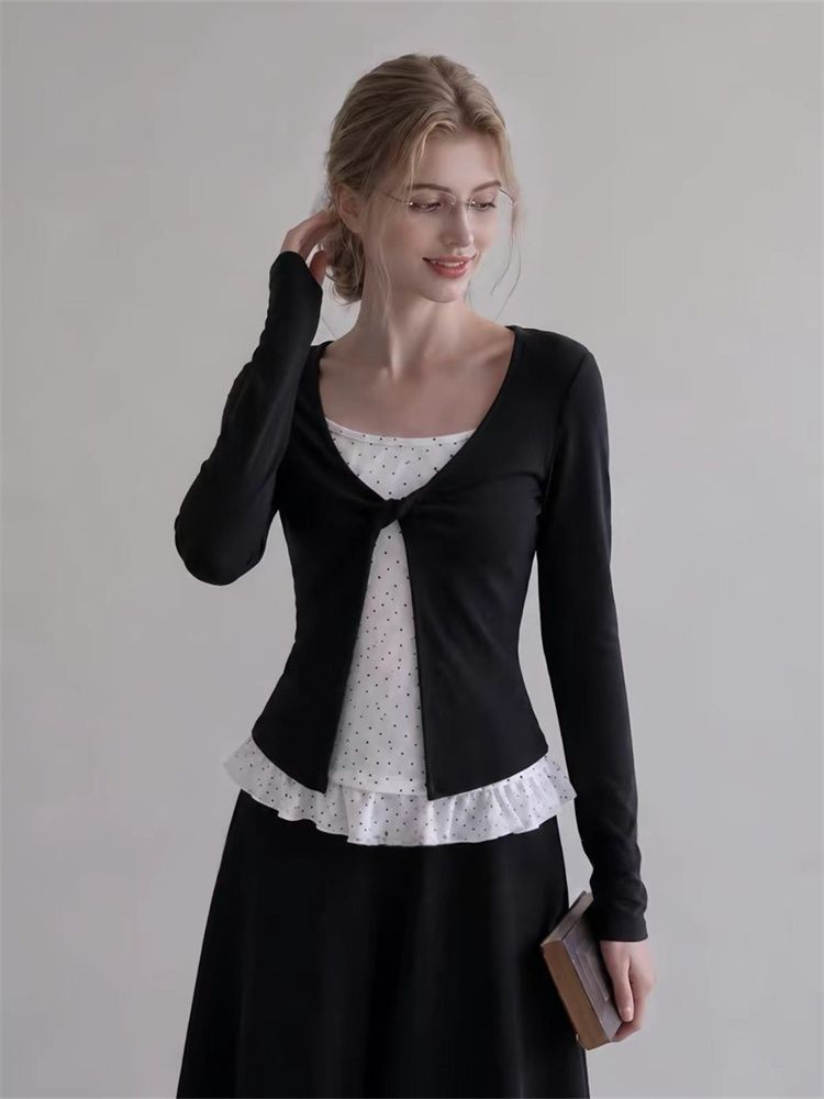 Korean Faux Two-Piece Long Sleeve T-Shirt for Women Twist Knot Polka Dot Base Layer Slim Fit Top 2026 Fall New