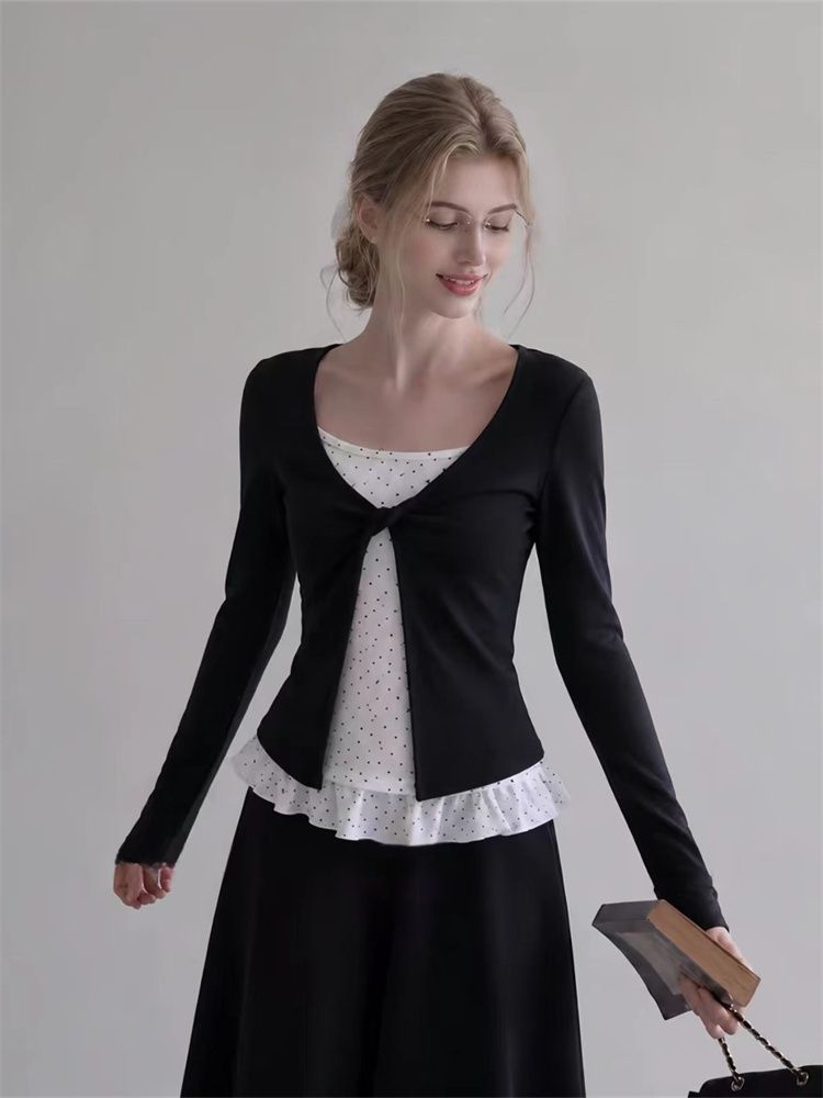 Korean Faux Two-Piece Long Sleeve T-Shirt for Women Twist Knot Polka Dot Base Layer Slim Fit Top 2026 Fall New - Image 4