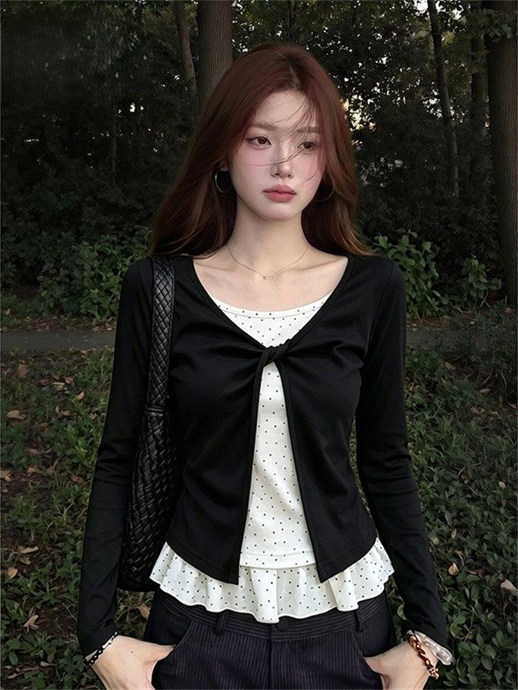 Knot Fake Two-Piece Long Sleeve T-Shirt for Women Polka Dot Lace Base Layer Top 2026 Winter New High-End - Image 2