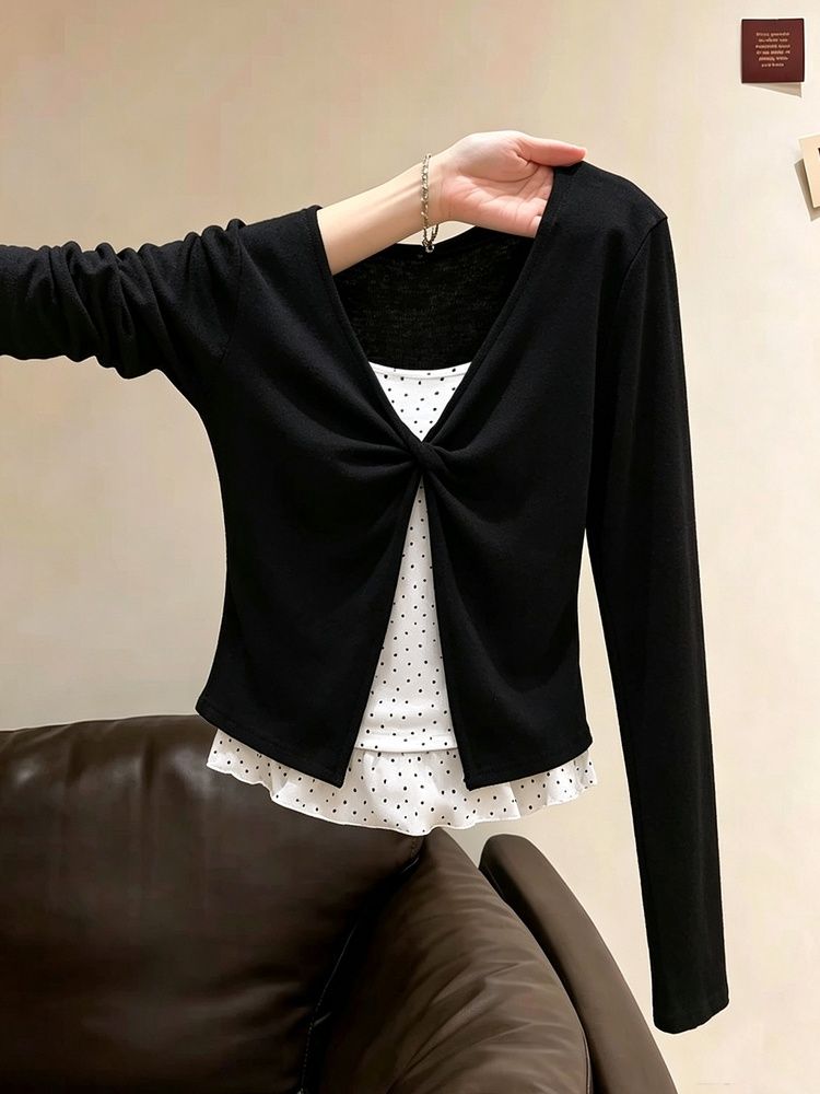Korean Twist Lace Faux Two-Piece Long Sleeve T-Shirt Women Slim Fit Top 2026 Summer