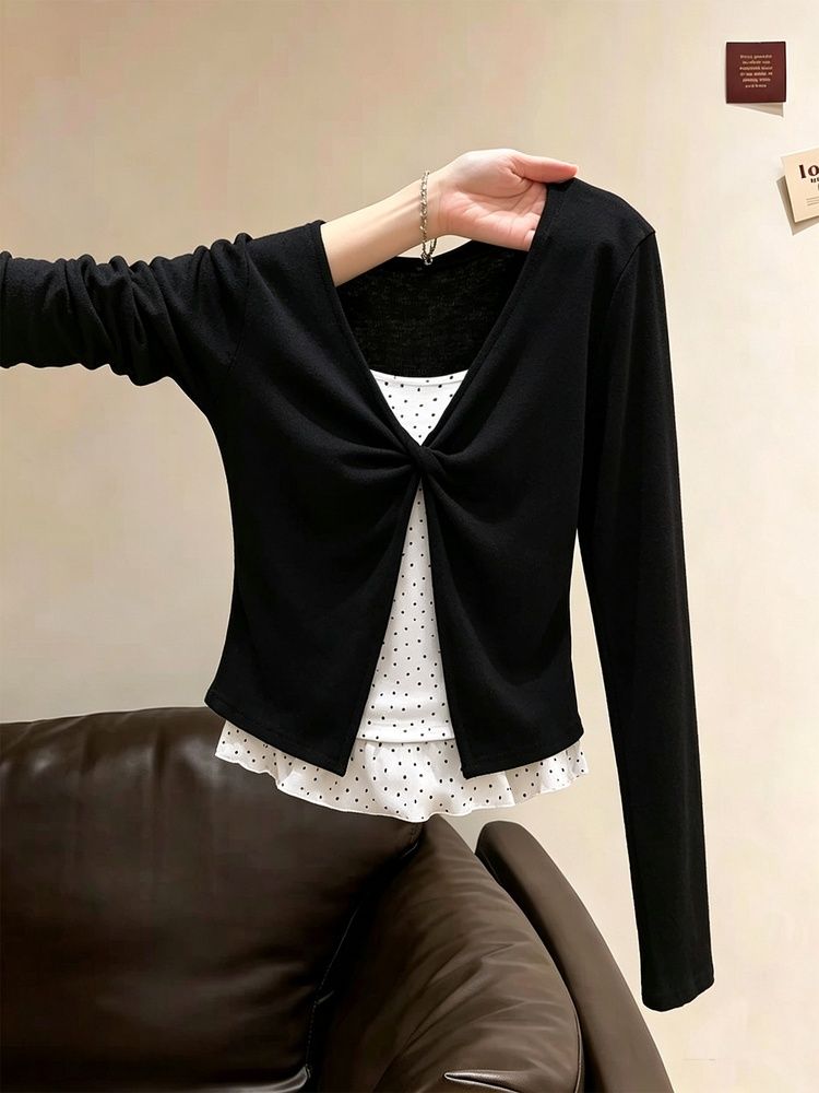 Korean Twist Lace Faux Two-Piece Long Sleeve T-Shirt Women Slim Fit Top 2026 Summer - Image 4