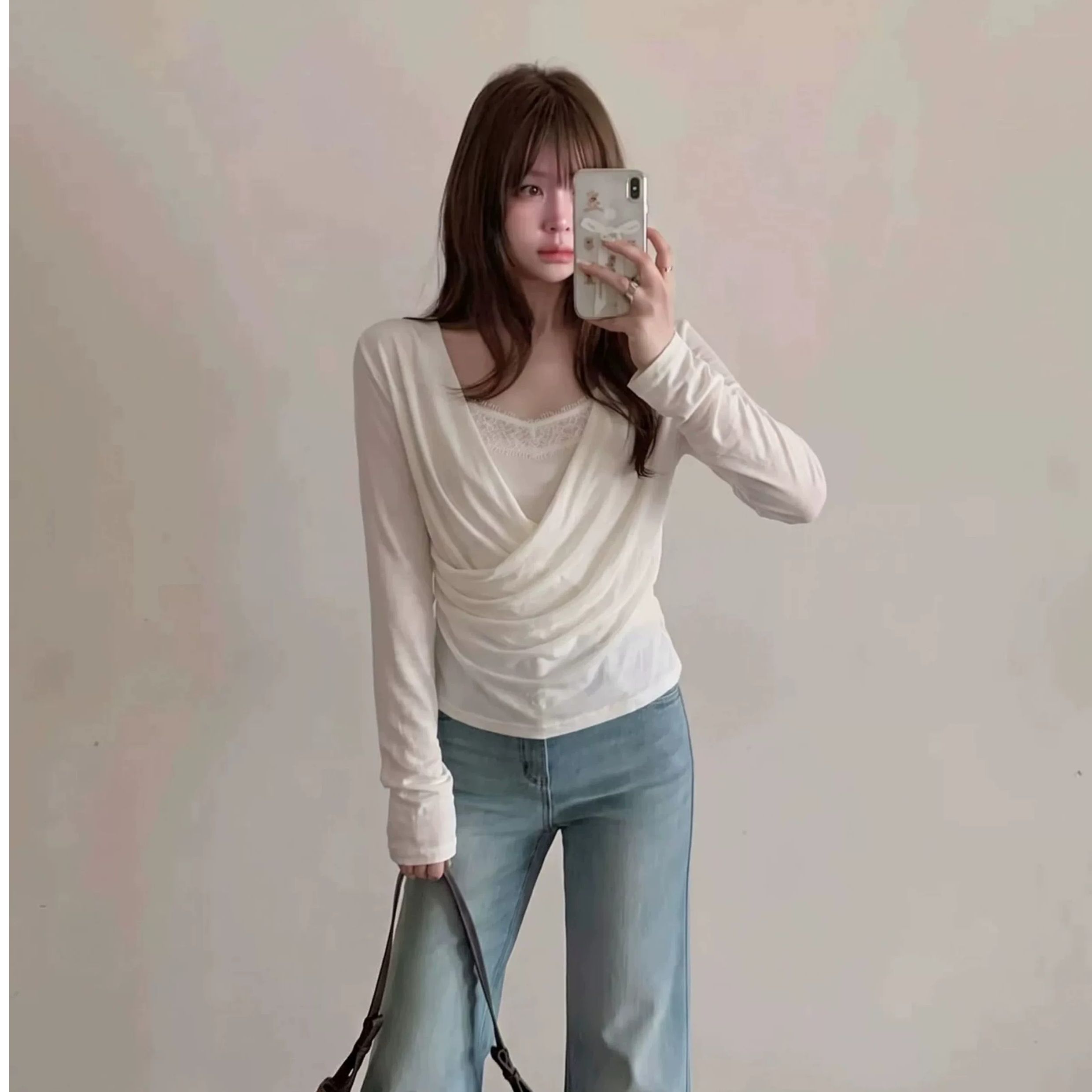 Minimalist Draped Neck Lace Panel Pullover Top Women Summer Slim Fit White Long Sleeve