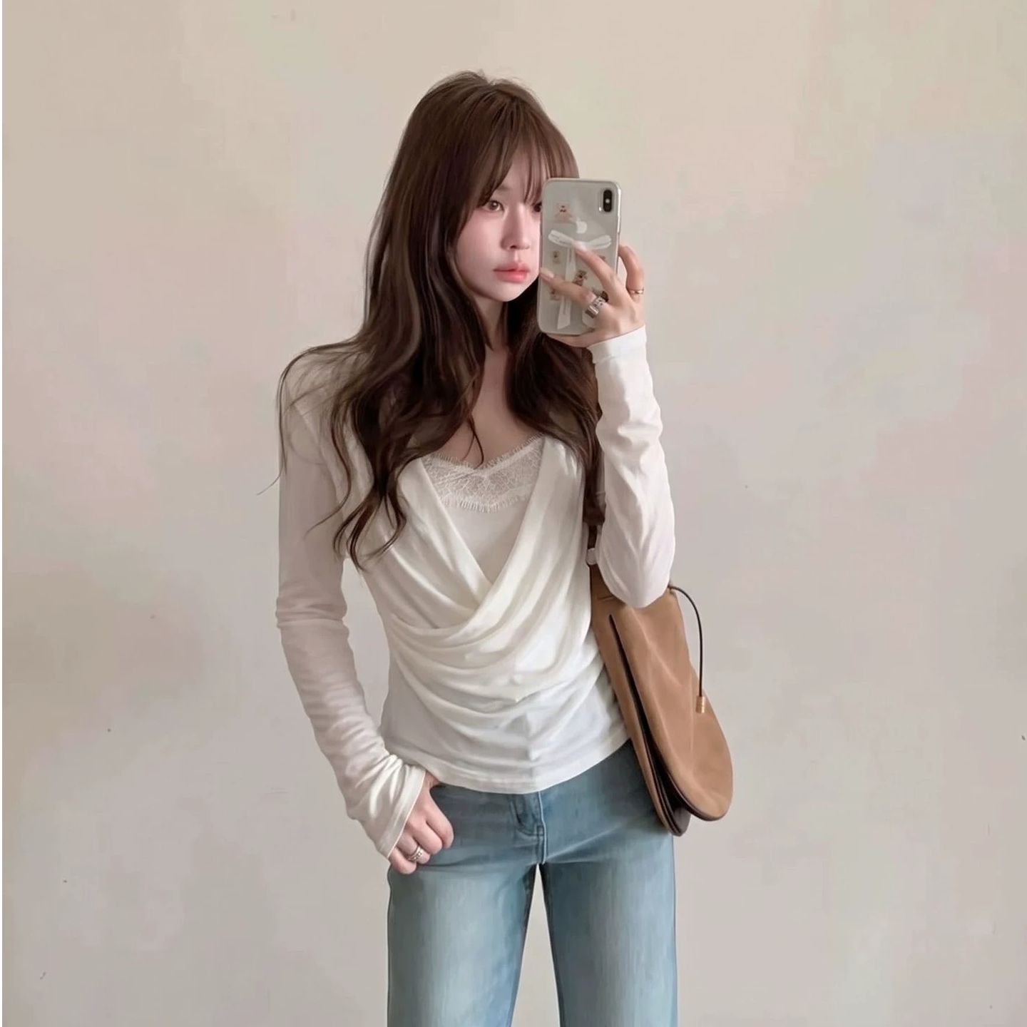 Minimalist Draped Neck Lace Panel Pullover Top Women Summer Slim Fit White Long Sleeve - Image 3