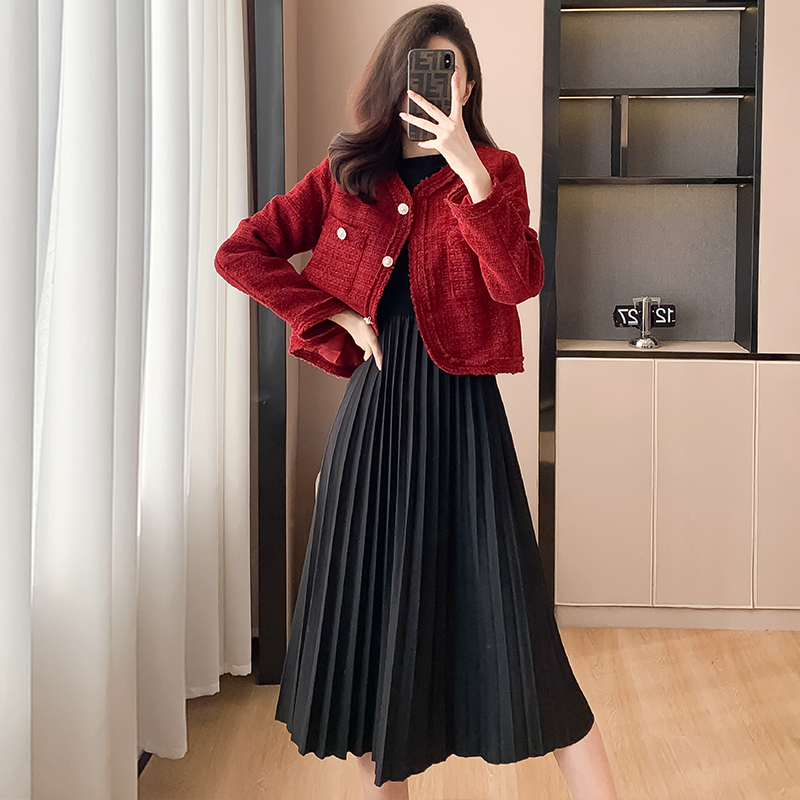 French Retro Round Neck Two-Piece Long Sleeve Dress Set