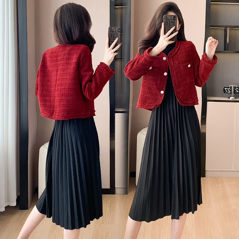 French Retro Round Neck Two-Piece Long Sleeve Dress Set - Image 2